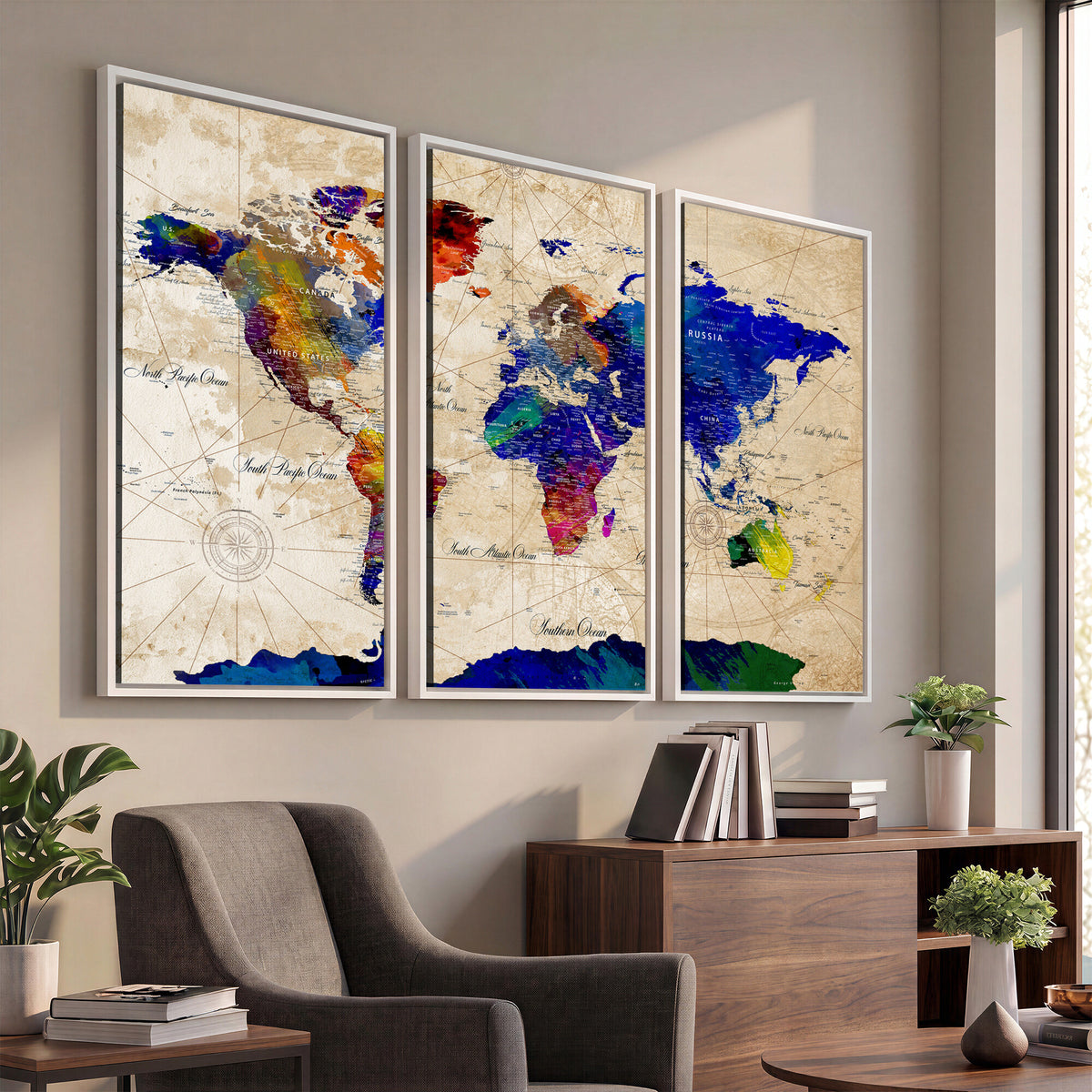26284075-MGV-CV-36X24 - World Map Wall Art Canvas Print, Modern Decorative Framed Map Artwork Prints for Living Room, Office, Bedroom Wall Decor