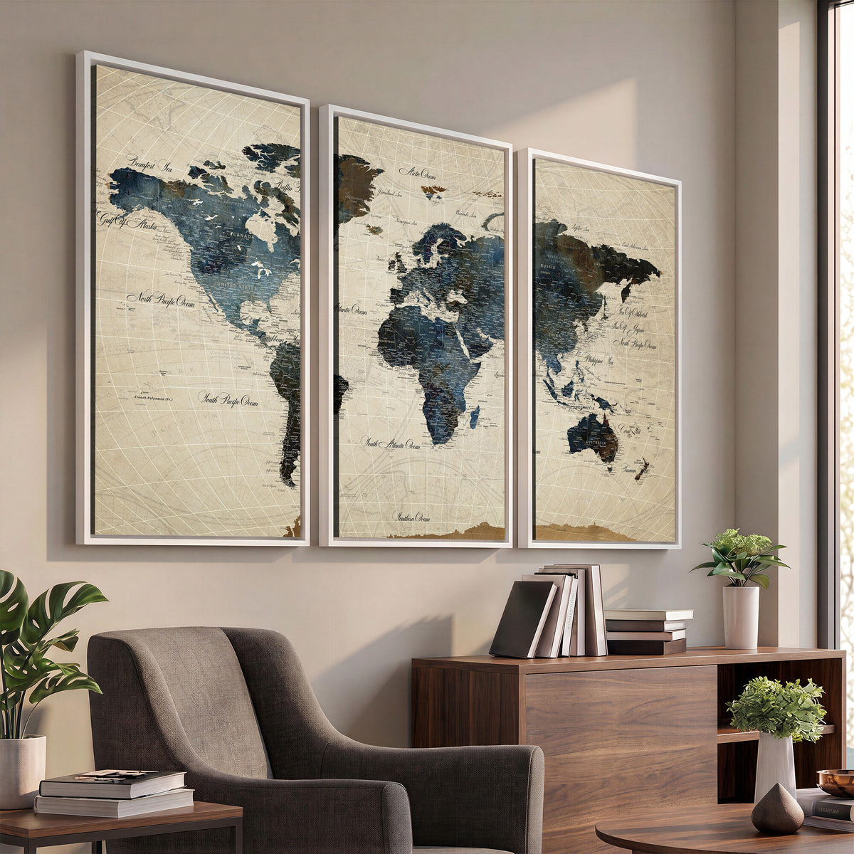 72927803-MGV-CV-36X24 - World Map Wall Art Canvas Print, Modern Decorative Framed Map Artwork Prints for Living Room, Office, Bedroom Wall Decor