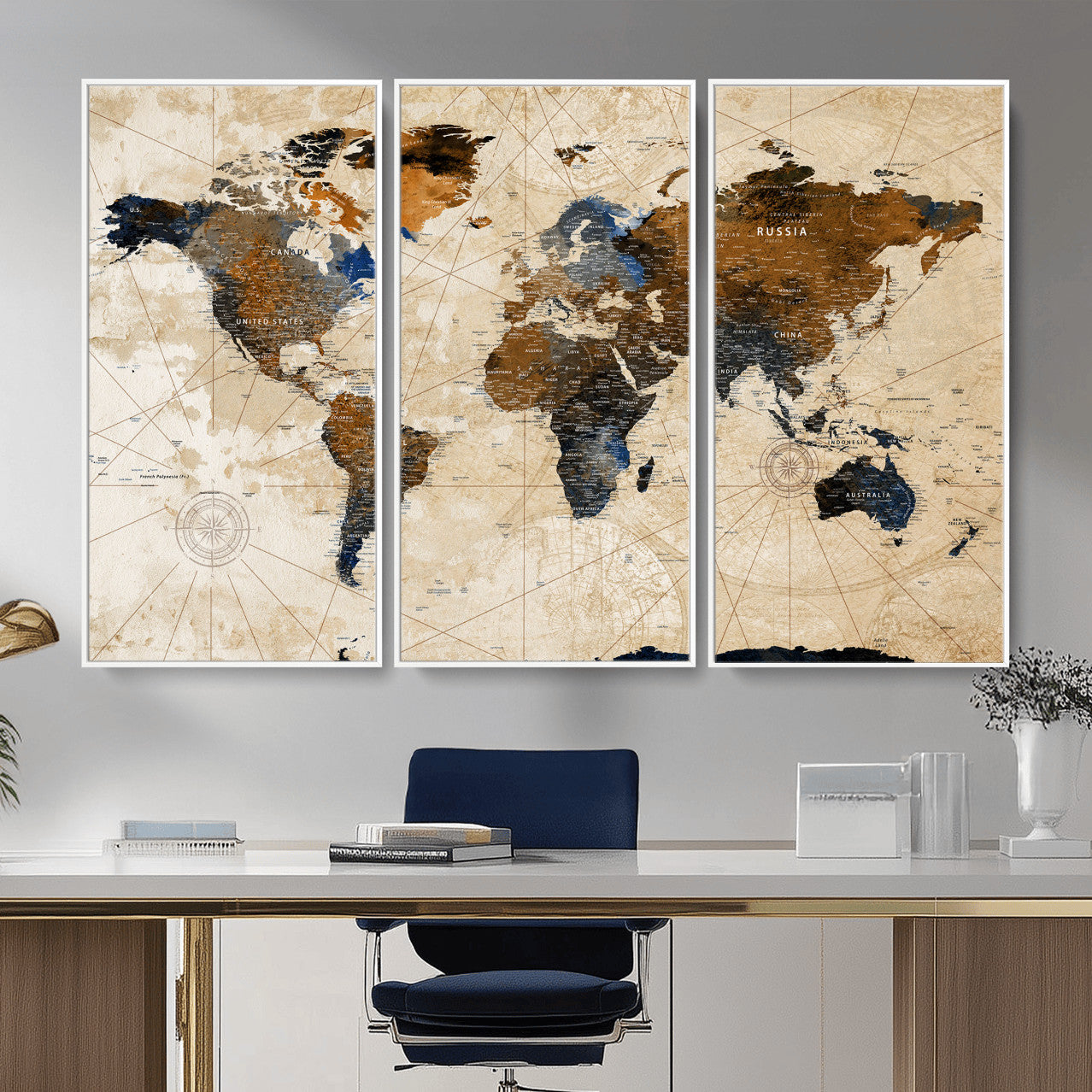 15727090-MGV-CV-36X24 - World Map Wall Art Canvas Print, Modern Decorative Framed Map Artwork Prints for Living Room, Office, Bedroom Wall Decor