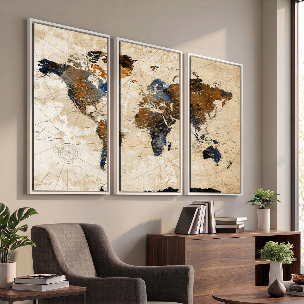 15727090-MGV-CV-36X24 - World Map Wall Art Canvas Print, Modern Decorative Framed Map Artwork Prints for Living Room, Office, Bedroom Wall Decor