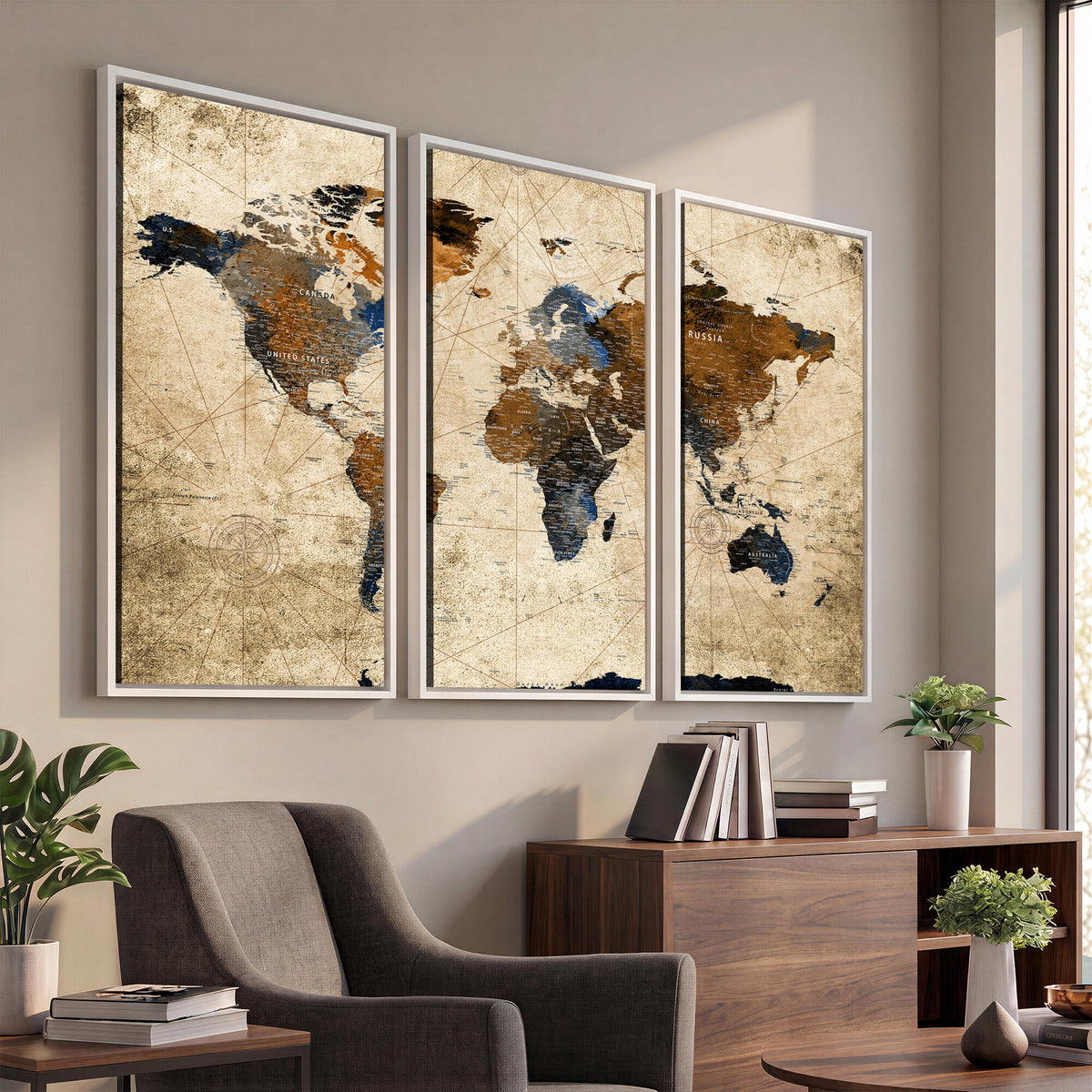 27163414-MGV-CV-36X24 - World Map Wall Art – Rustic Earth Tone Canvas Print, Antique