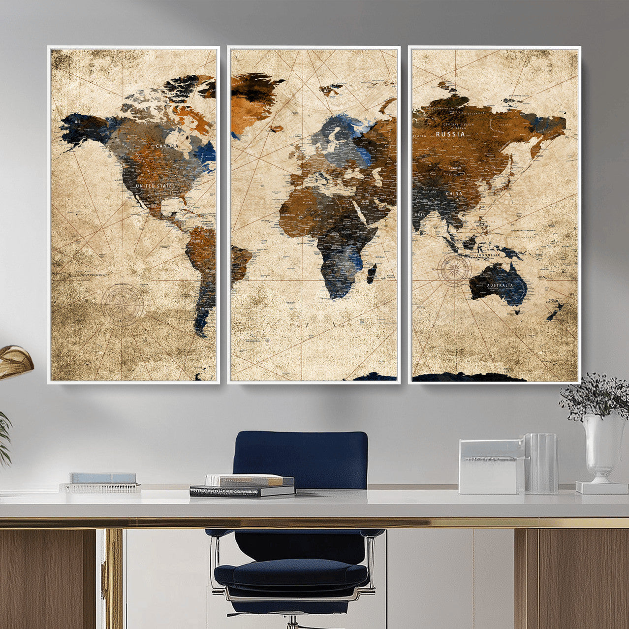27163414-MGV-CV-36X24 - World Map Wall Art Canvas Print, Modern Decorative Framed Map Artwork Prints for Living Room, Office, Bedroom Wall Decor