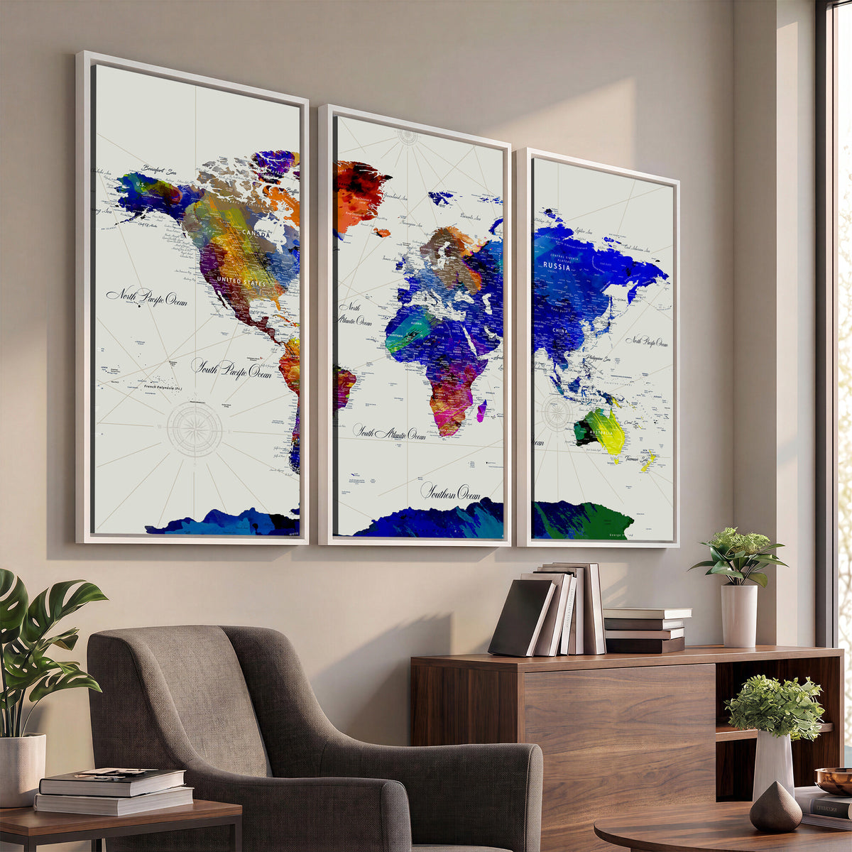 49670038-MGV-CV-36X24 - World Map Wall Art Canvas Print, Modern Decorative Framed Map Artwork Prints for Living Room, Office, Bedroom Wall Decor