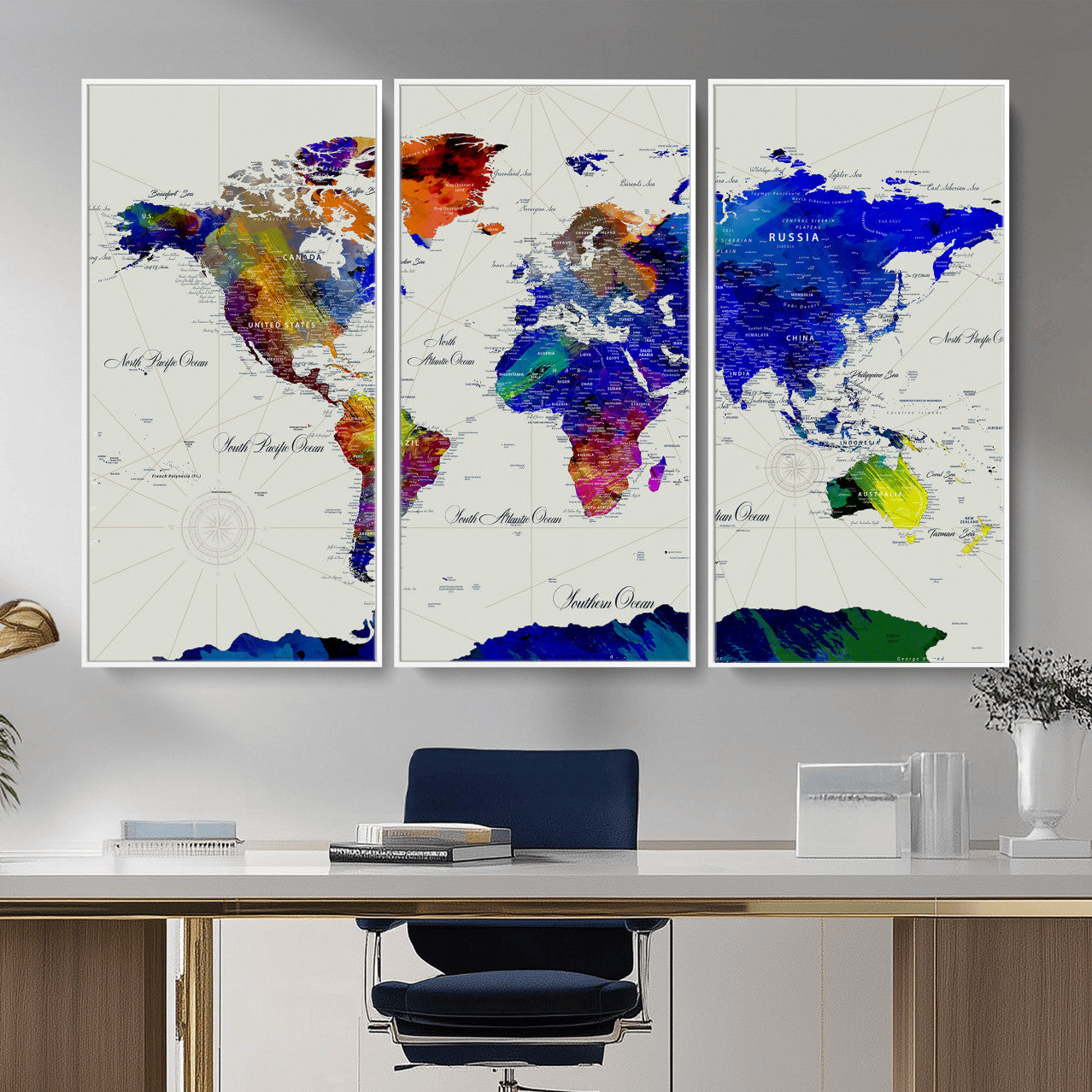 49670038-MGV-CV-36X24 - World Map Wall Art Canvas Print, Modern Decorative Framed Map Artwork Prints for Living Room, Office, Bedroom Wall Decor