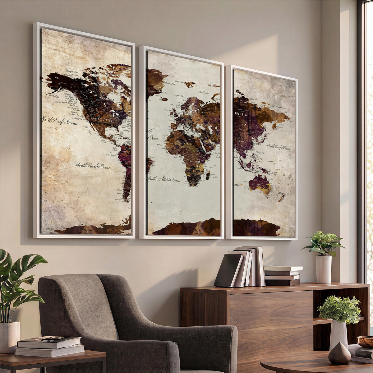 50611123-MGV-CV-36X24 - World Map Canvas Triptych | Colorful Global Wall Art for Living Rooms