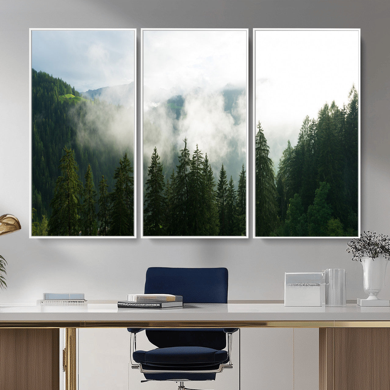 67174129-MGV-CV-36X24 - Misty Mountain Forest Canvas Print, Foggy Pine Trees Nature Wall Art, Framed Canvas Ready to Hang