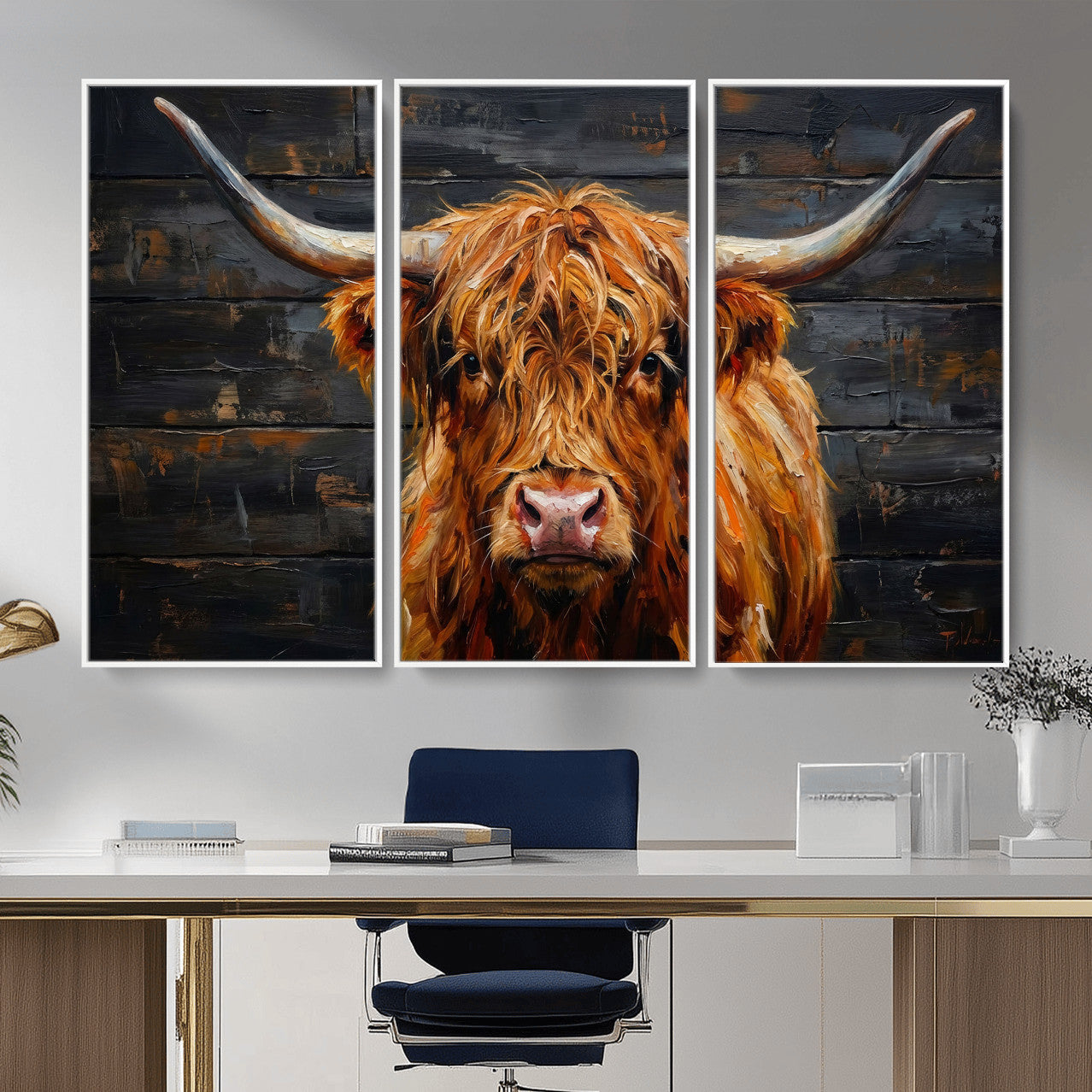 32536611-MGV-CV-36X24 - Highland Cow Wall Art Canvas Print, Rustic Farm Animal Painting, Framed Wall Art Ready to Hang