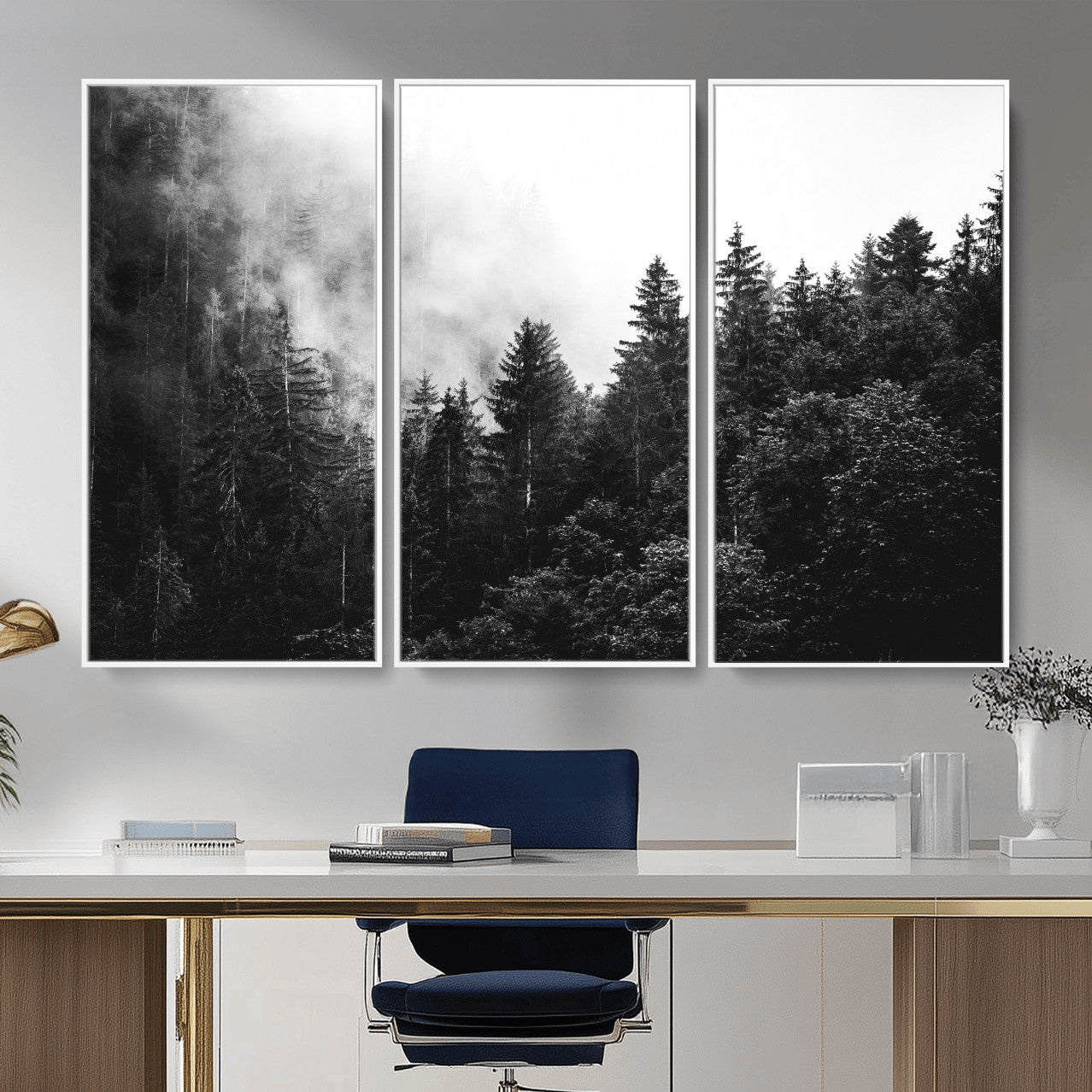 98764151-MGV-CV-36X24 - Black and White Forest Wall Art Canvas Print, Misty Pine Tree Landscape Photography, Framed Wall Art Ready to Hang