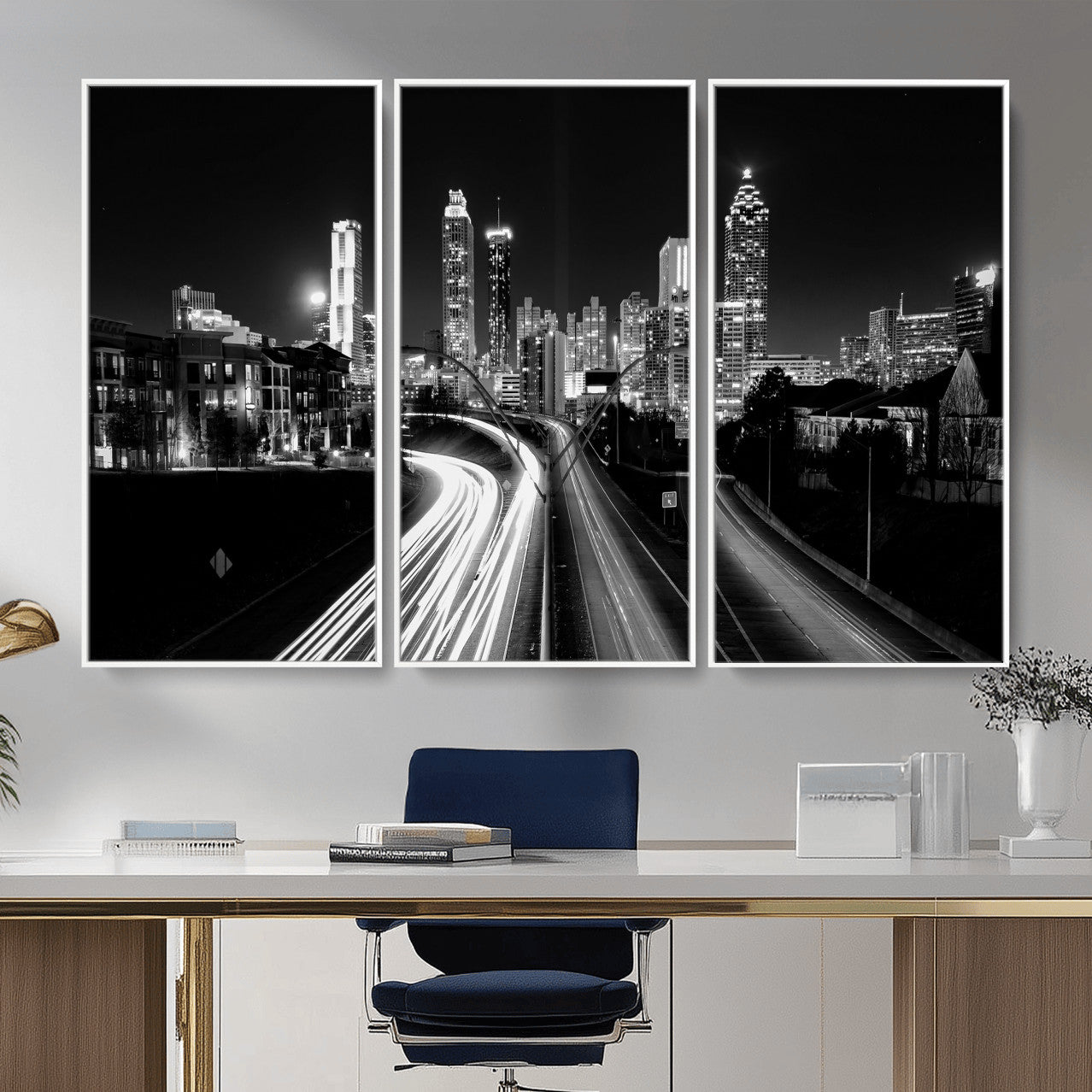 80330064-MGV-CV-36X24 - Atlanta Skyline Wall Art Canvas Print, Atlanta Downtown Night Cityscape Print for Modern Urban Wall Decor