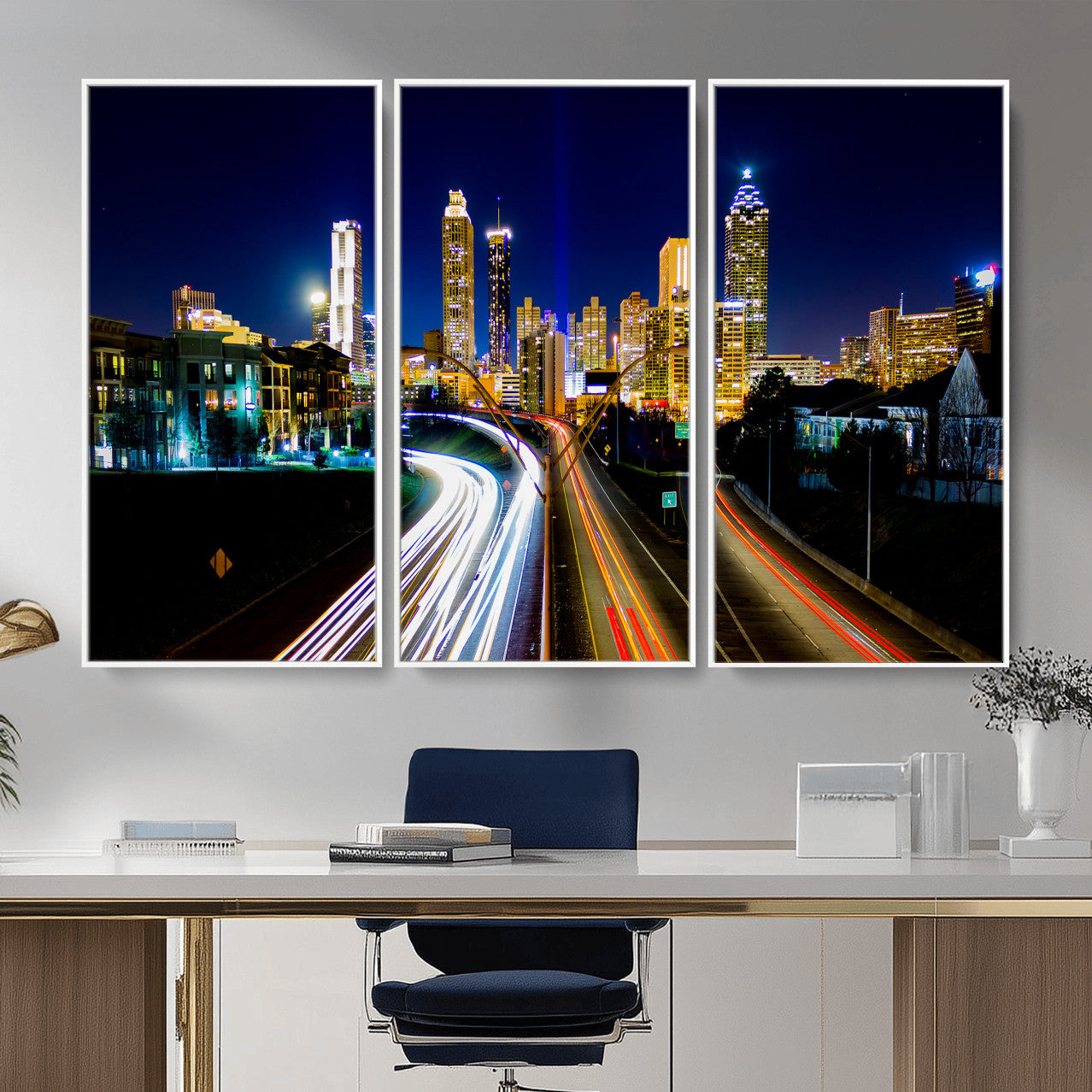 12967464-MGV-CV-36X24 - Atlanta Skyline Wall Art Canvas Print, Atlanta Downtown Night Cityscape Print for Modern Urban Wall Decor