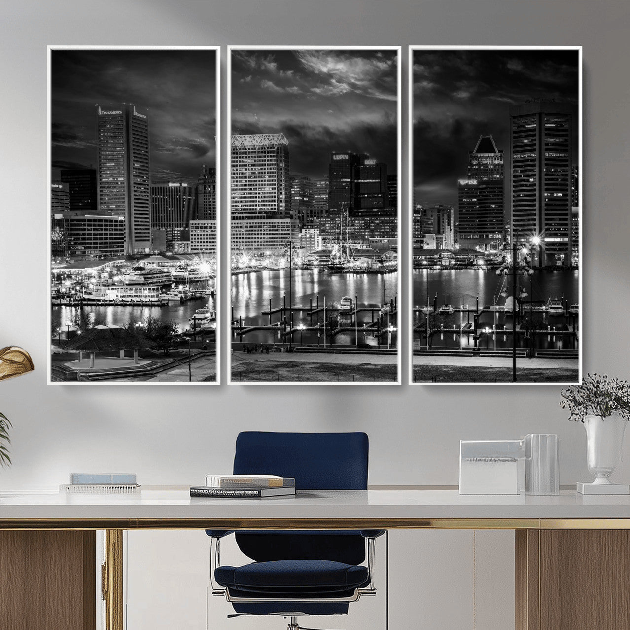 79755655-MGV-CV-36X24 - Baltimore Skyline Wall Art Canvas Print, Baltimore Downtown Night Cityscape Print for Modern Urban Wall Decor