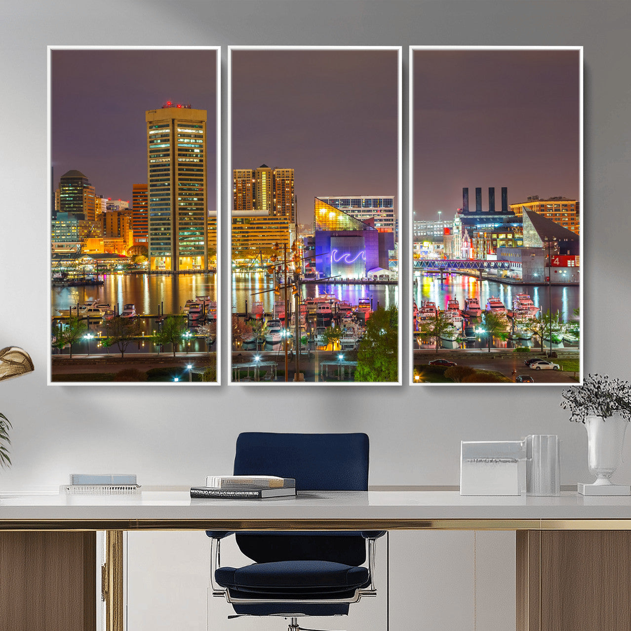 42654823-MGV-CV-36X24 - Baltimore Skyline Wall Art Canvas Print, Baltimore Downtown Night Cityscape Print for Modern Urban Wall Decor