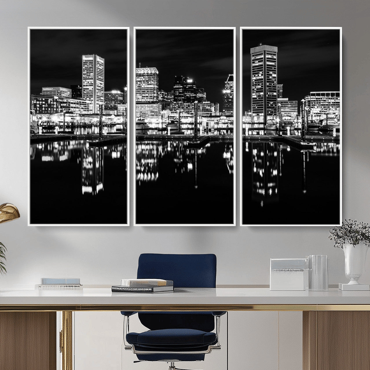 69187681-MGV-CV-36X24 - Baltimore Skyline Wall Art Canvas Print, Baltimore Downtown Night Cityscape Print for Modern Urban Wall Decor