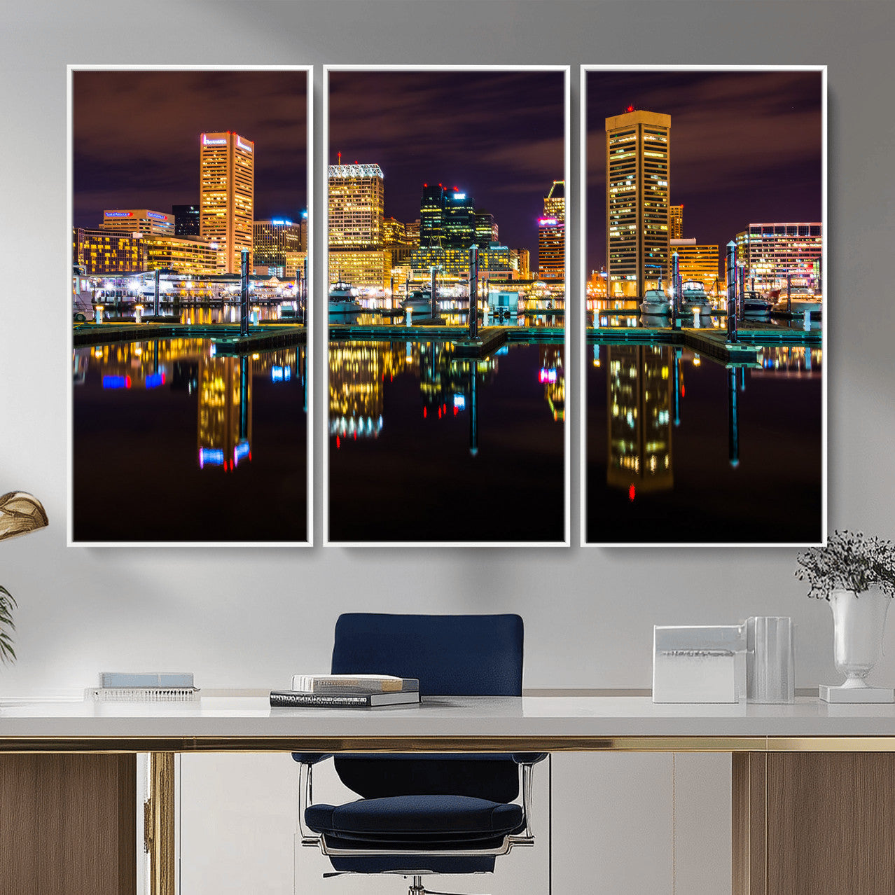 38201692-MGV-CV-36X24 - Baltimore Skyline Wall Art Canvas Print, Baltimore Downtown Night Cityscape Print for Modern Urban Wall Decor