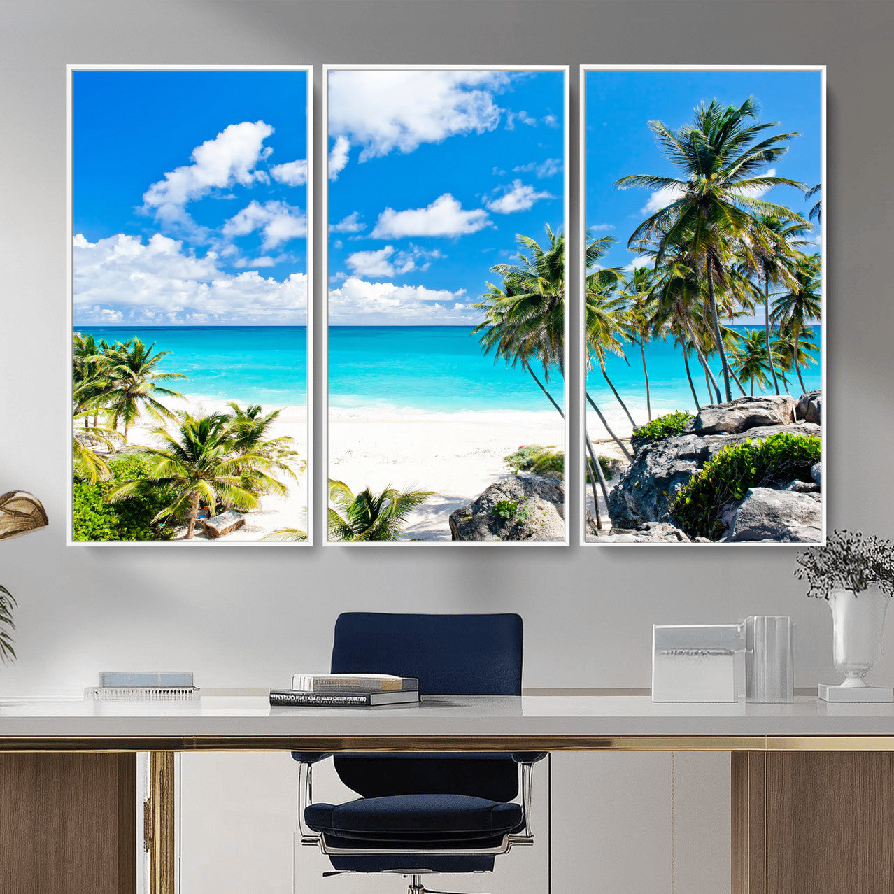 29232878-MGV-CV-36X24 - Barbados Beach Wall Art Canvas Print, Palm Tree Ocean Landscape, Turquoise Sea Coastal Photography, Tropical Island Wall Decor, Framed Ready to Hang