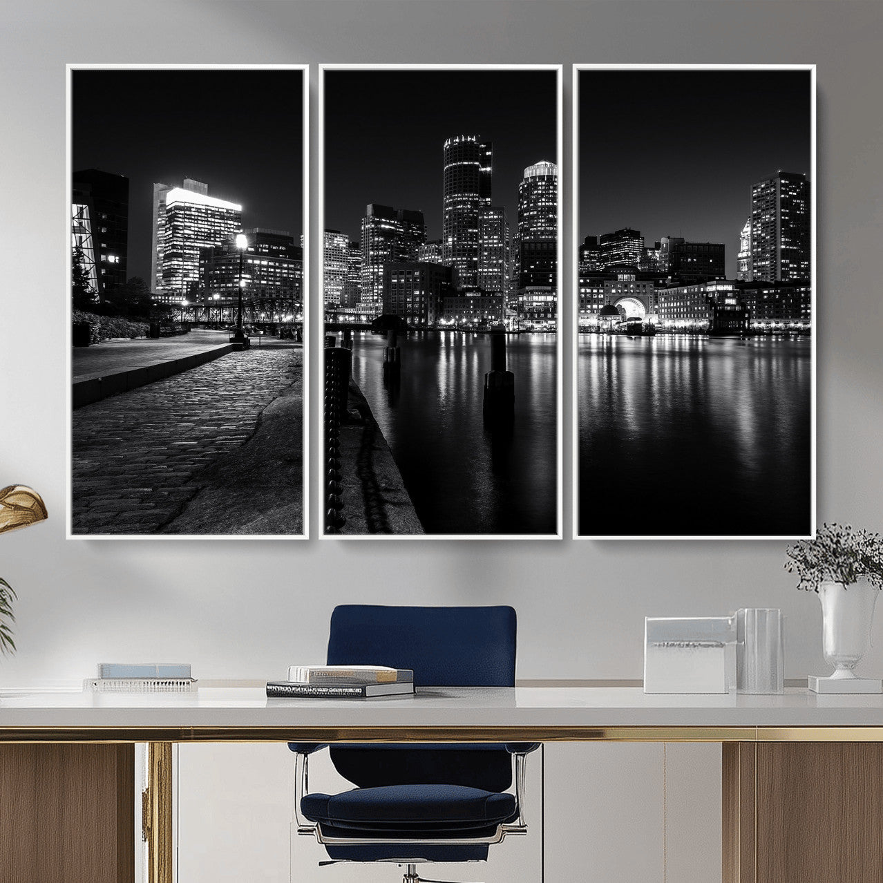 53082656-MGV-CV-36X24 - Boston Wall Art Canvas Print, Boston City Downtown Night Cityscape Print for Modern Urban Wall Decor