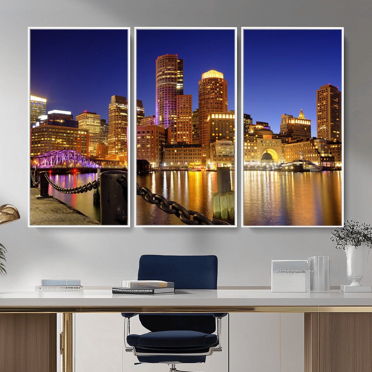 56611117-MGV-CV-36X24 - Boston Wall Art Canvas Print, Boston City Downtown Night Cityscape Print for Modern Urban Wall Decor