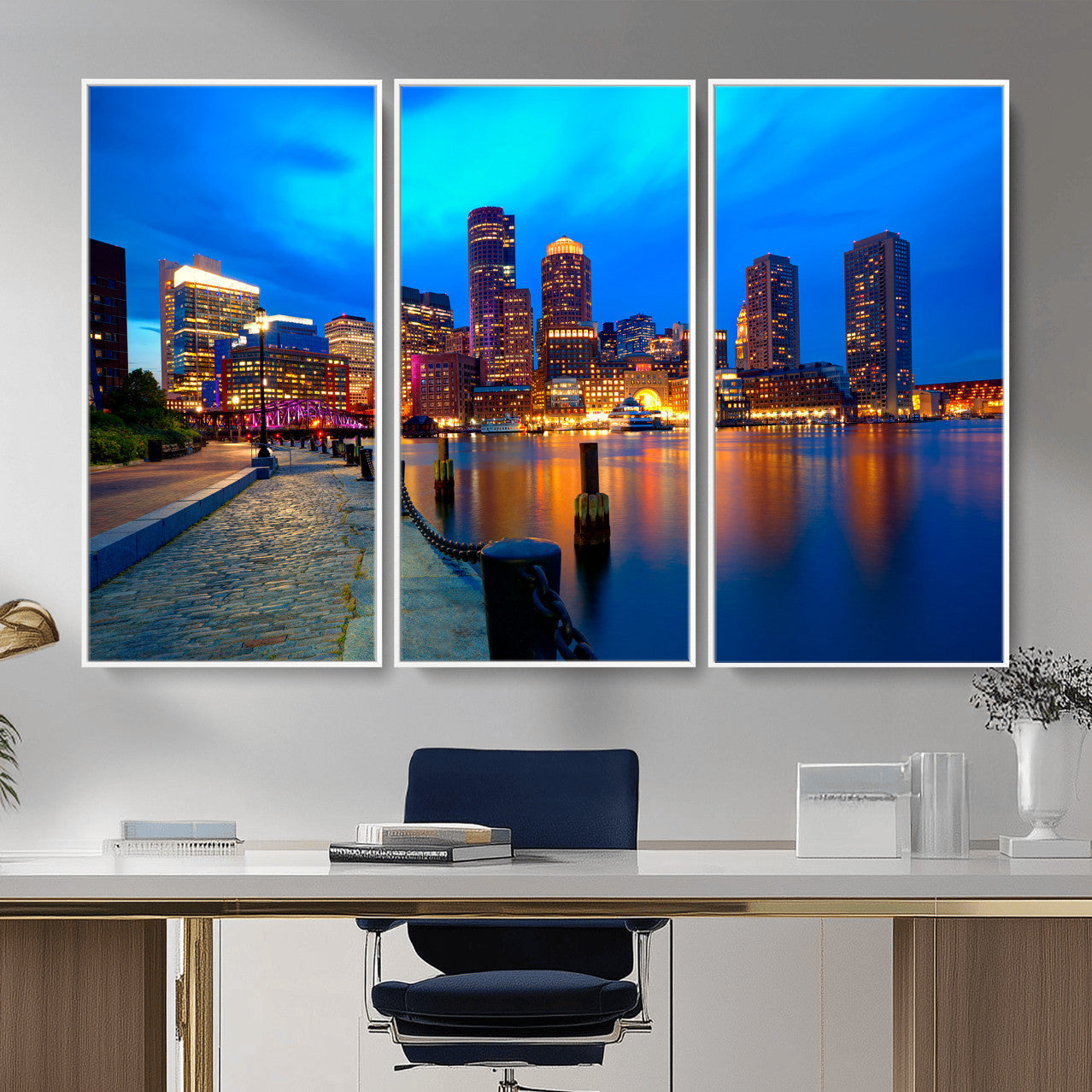 69619565-MGV-CV-36X24 - Boston Wall Art Canvas Print, Boston City Downtown Night Cityscape Print for Modern Urban Wall Decor