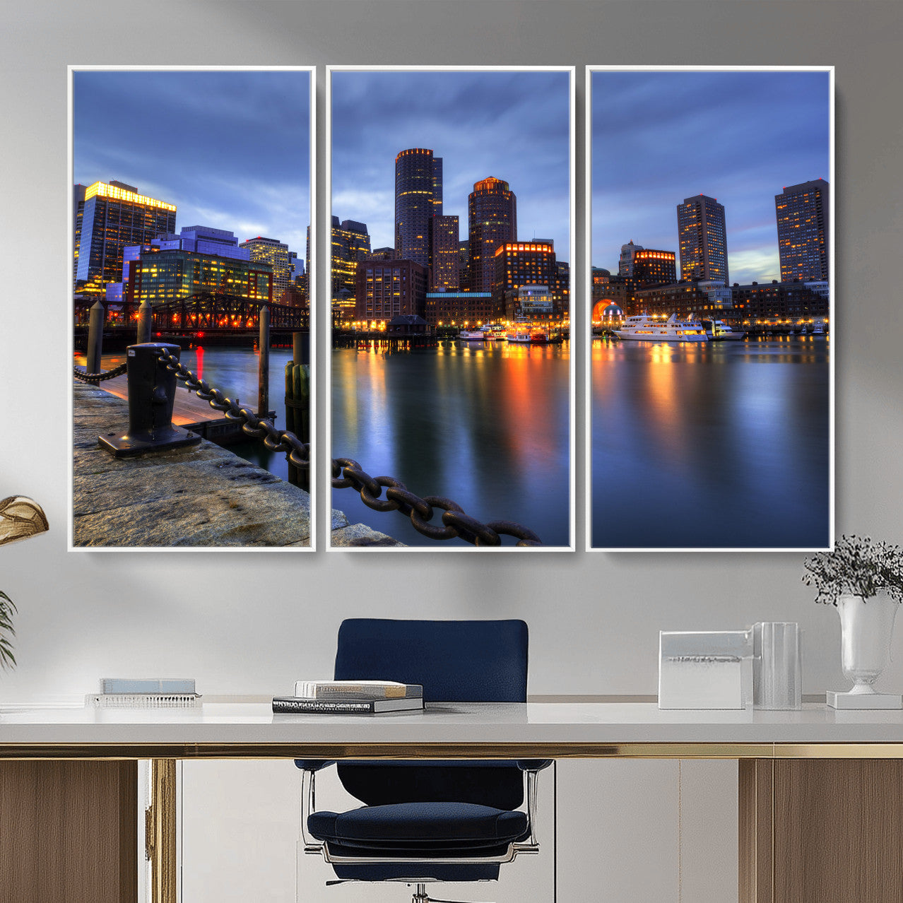 82439622-MGV-CV-36X24 - Boston Wall Art Canvas Print, Boston City Downtown Night Cityscape Print for Modern Urban Wall Decor