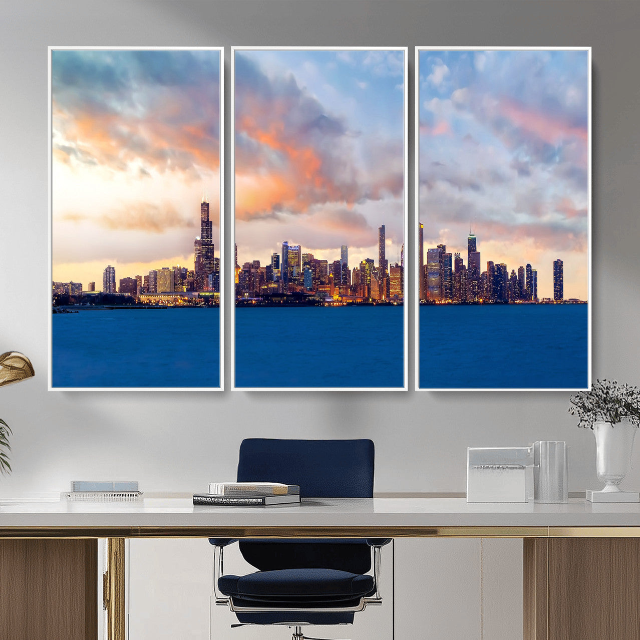 34667960-MGV-CV-36X24 - Chicago Wall Art Canvas Print, Chicago City Downtown Night Cityscape Print for Modern Urban Wall Decor