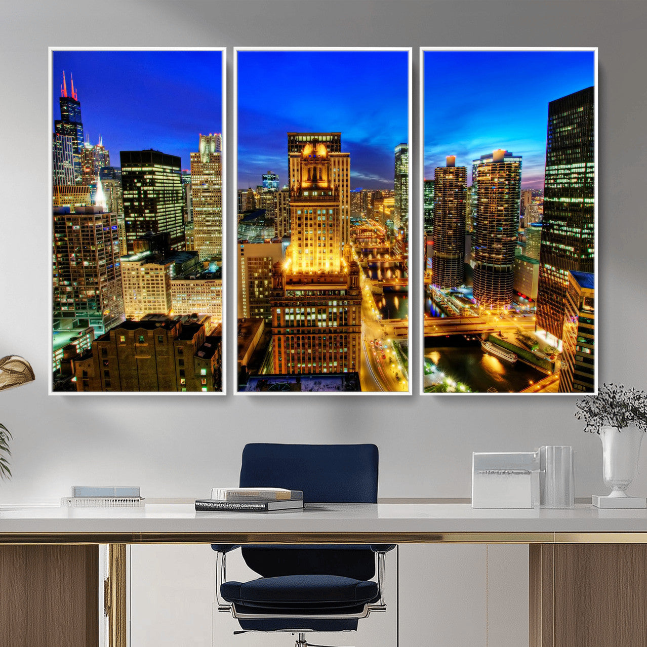46298885-MGV-CV-36X24 - Chicago Wall Art Canvas Print, Chicago City Downtown Night Cityscape Print for Modern Urban Wall Decor