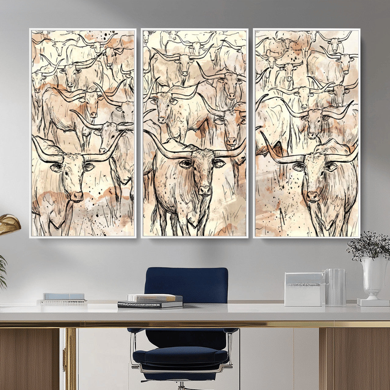 94055403-MGV-CV-36X24 - Farmhouse Animals Wall Art Canvas Print - Abstract Farm Animal Drawing Mid-Century Wall Art for Cabin Decor