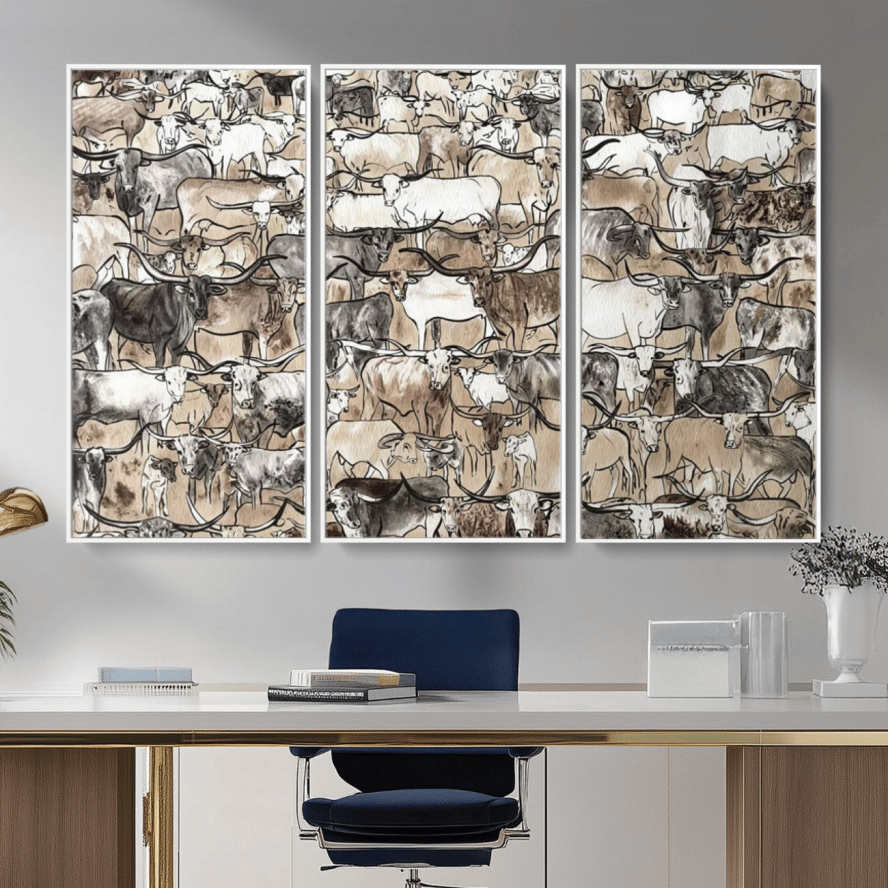 64368752-MGV-CV-36X24 - Farmhouse Animals Wall Art Canvas Print - Abstract Farm Animal Drawing Mid-Century Wall Art for Cabin Decor