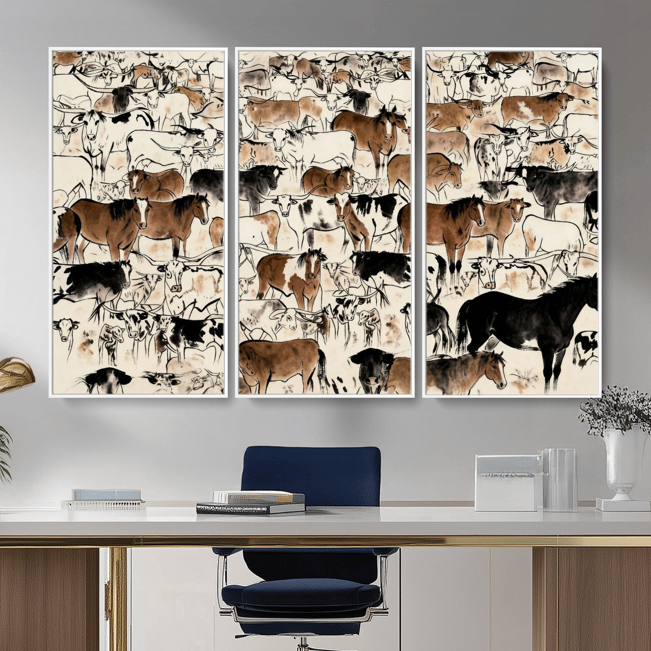 86150485-MGV-CV-36X24 - Farmhouse Animals Wall Art Canvas Print - Abstract Farm Animal Drawing Mid-Century Wall Art for Cabin Decor