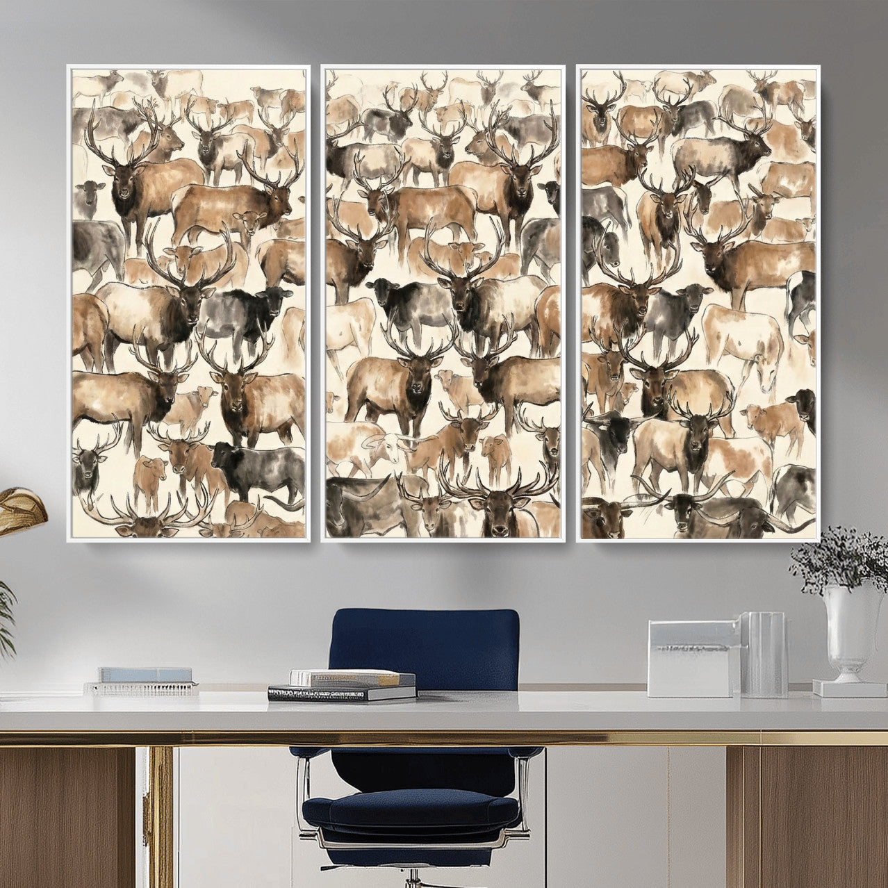 24374881-MGV-CV-36X24 - Farmhouse Animals Wall Art Canvas Print - Abstract Farm Animal Drawing Mid-Century Wall Art for Cabin Decor