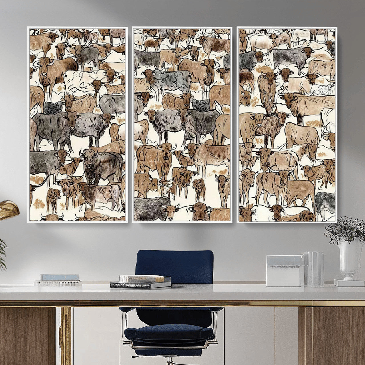 76902119-MGV-CV-36X24 - Farmhouse Animals Wall Art Canvas Print - Abstract Farm Animal Drawing Mid-Century Wall Art for Cabin Decor
