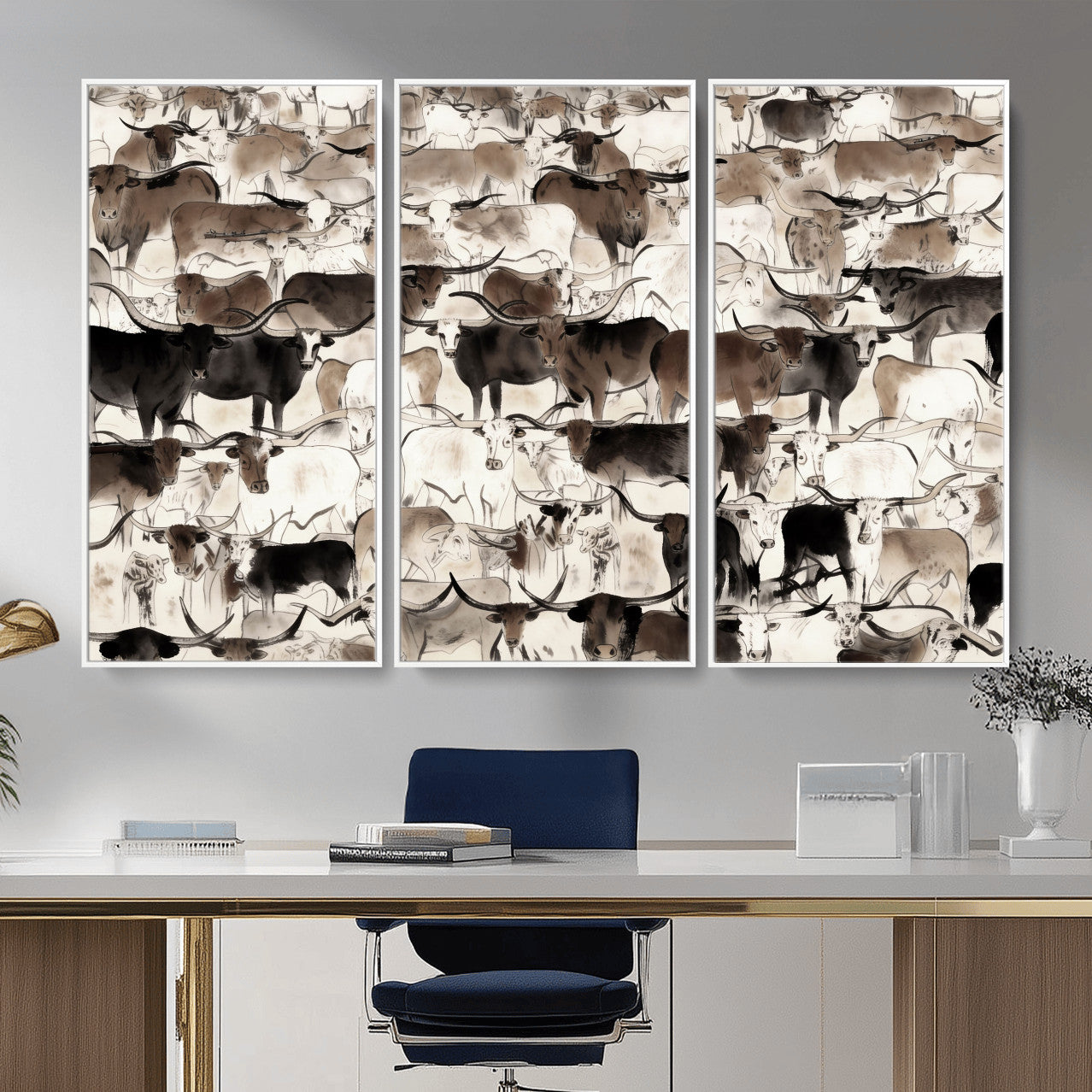 46084312-MGV-CV-36X24 - Farmhouse Animals Wall Art Canvas Print - Abstract Farm Animal Drawing Mid-Century Wall Art for Cabin Decor