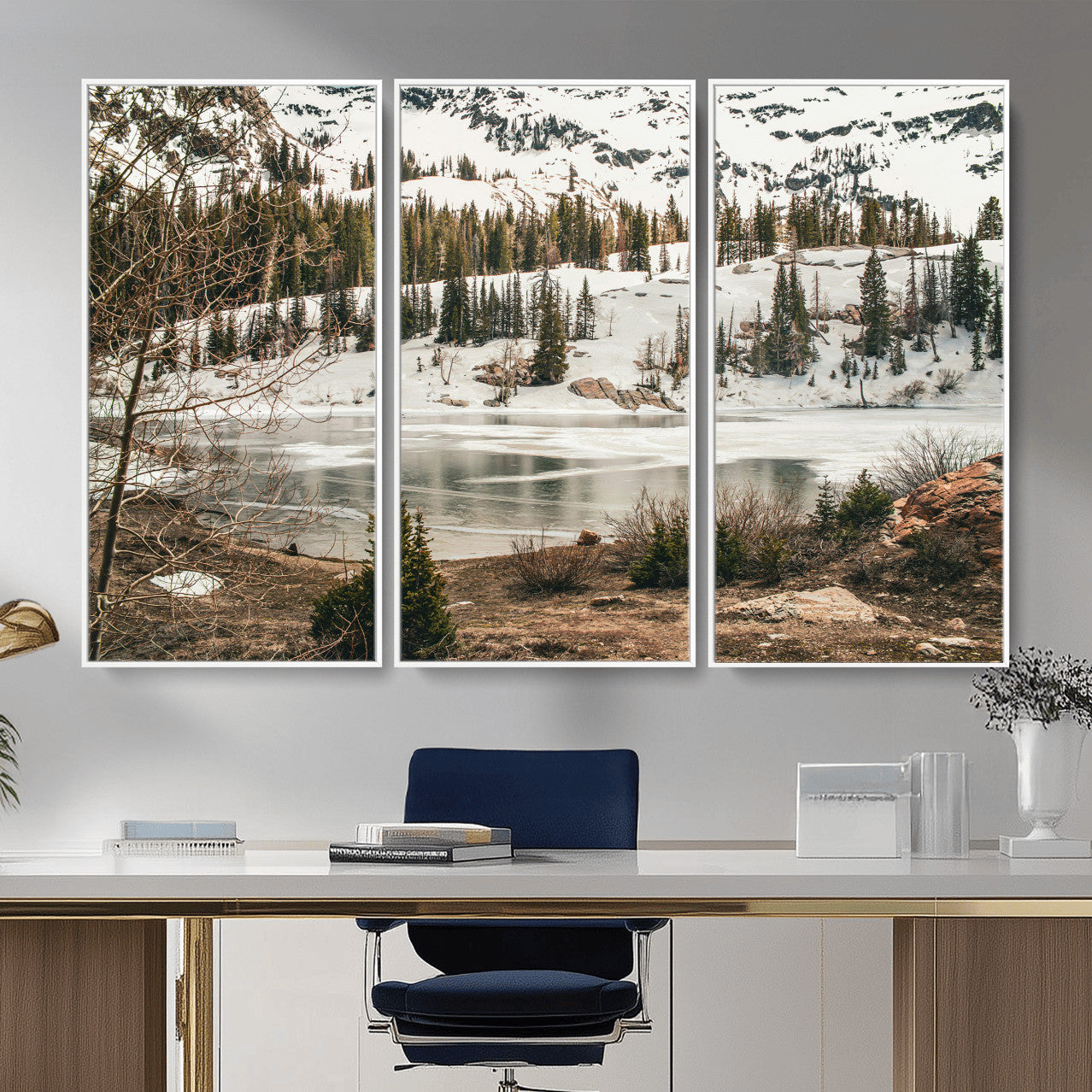 10336249-MGV-CV-36X24 - Snowy Mountain Landscape Wall Art Canvas Print, Alpine Pine Forest Winter Nature Wall Decor for Living Room and Office