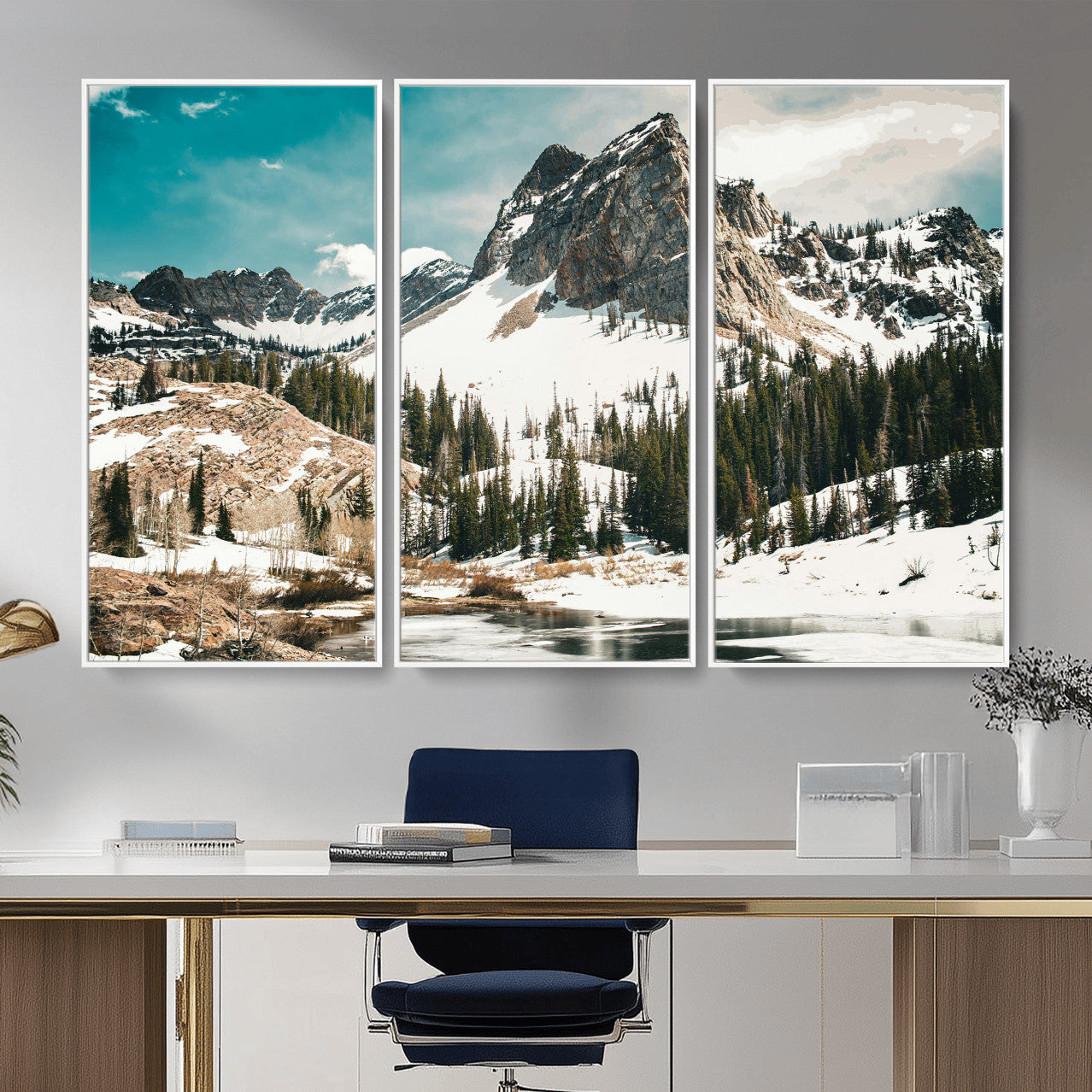 56837070-MGV-CV-36X24 - Snowy Mountain Landscape Wall Art Canvas Print, Alpine Pine Forest Winter Nature Wall Decor for Living Room and Office