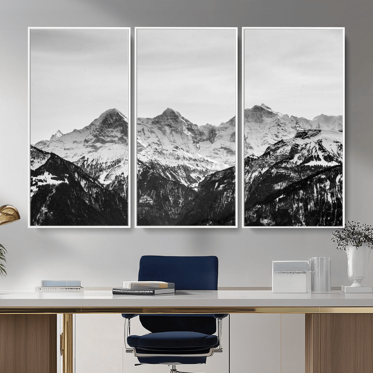 85684934-MGV-CV-36X24 - Black and White Mountain Wall Art Canvas Print, Snowy Alpine Peaks Landscape Photography, Minimal Monochrome Mountain Art, Scenic Nature Wall Decor