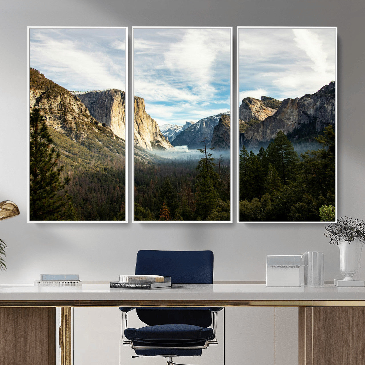 15089394-MGV-CV-36X24 - Yosemite Valley Mountain Landscape Wall Art Canvas Print, Granite Cliff Forest Valley Canvas Print, California National Park Scenic Art Printing