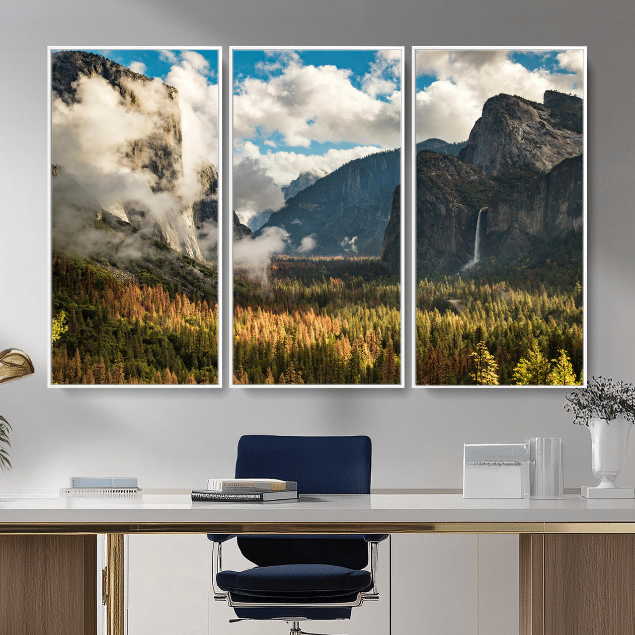 18271001-MGV-CV-36X24 - Yosemite Valley River Landscape Wall Art Canvas Print, Granite Cliffs Forest River Canvas Print, California National Park Moody Scenic Art Printi