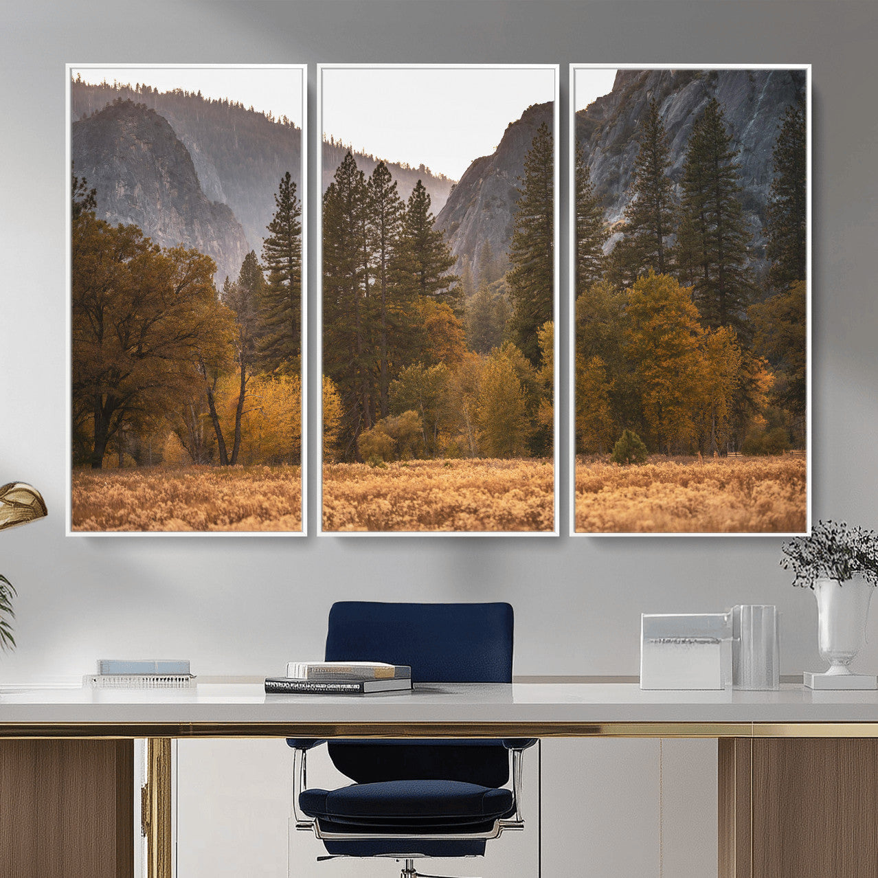 61682763-MGV-CV-36X24 - Yosemite Valley Autumn Forest Landscape Wall Art Canvas Print, Granite Mountain Pine Trees Canvas Print, California National Park Fall Scenic Art Printing