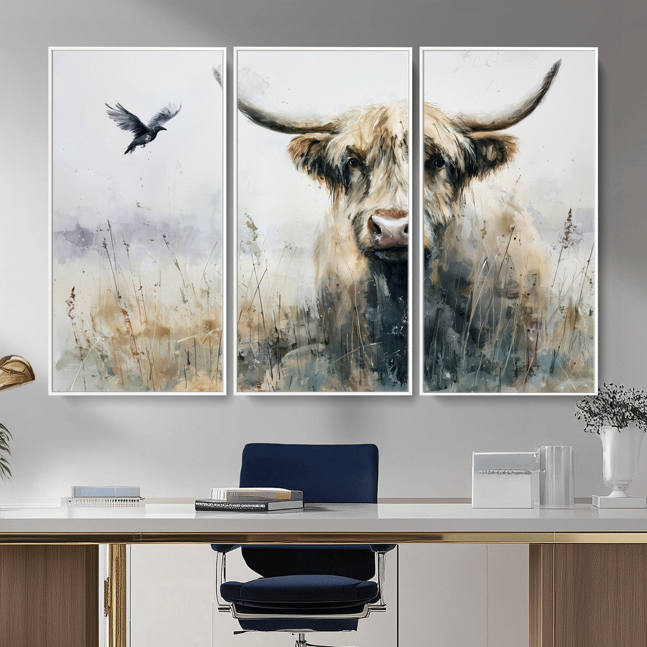 55652651-MGV-CV-36X24 - Abstract Highland Cow Watercolor Animal Wall Art Canvas Print, Rustic Farm Cattle Portrait Canvas Print, Neutral Wildlife Farmhouse Art Printing