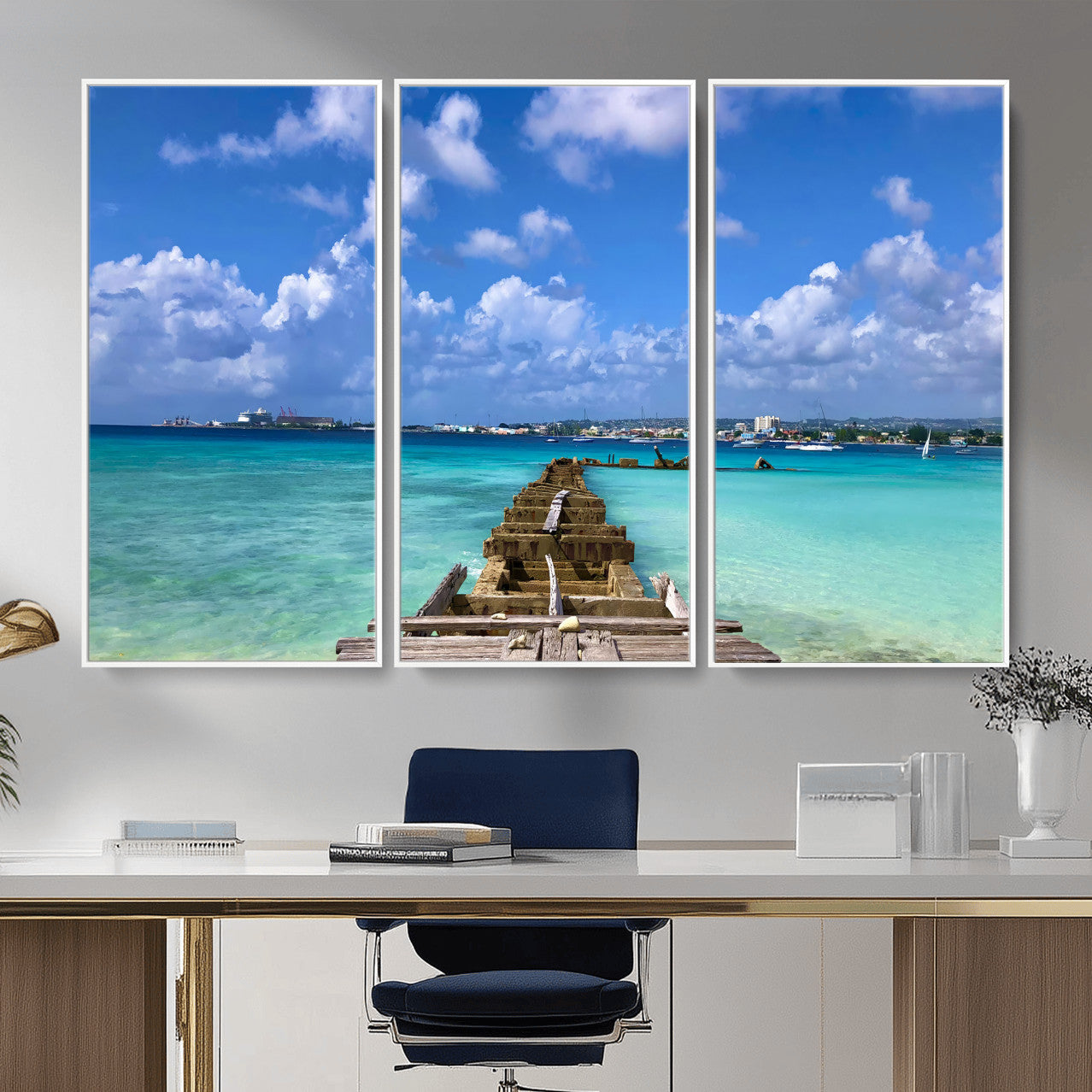 43165024-MGV-CV-36X24 - Caribbean Ocean Pier Seascape Wall Art Canvas Print, Turquoise Sea Tropical Harbor Canvas Print, Island Coastal Blue Water Scenic Art Printing