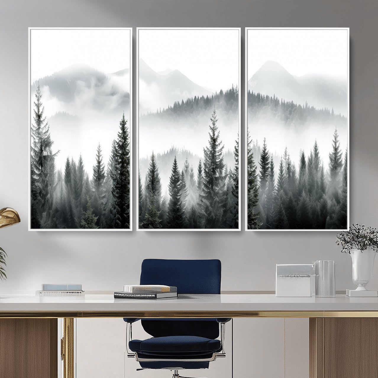 38819032-MGV-CV-36X24 - Misty Pine Forest Mountain Landscape Wall Art Canvas Print, Foggy Evergreen Trees Minimal Nature Canvas Print, Monochrome Wilderness Scenic Art Printing
