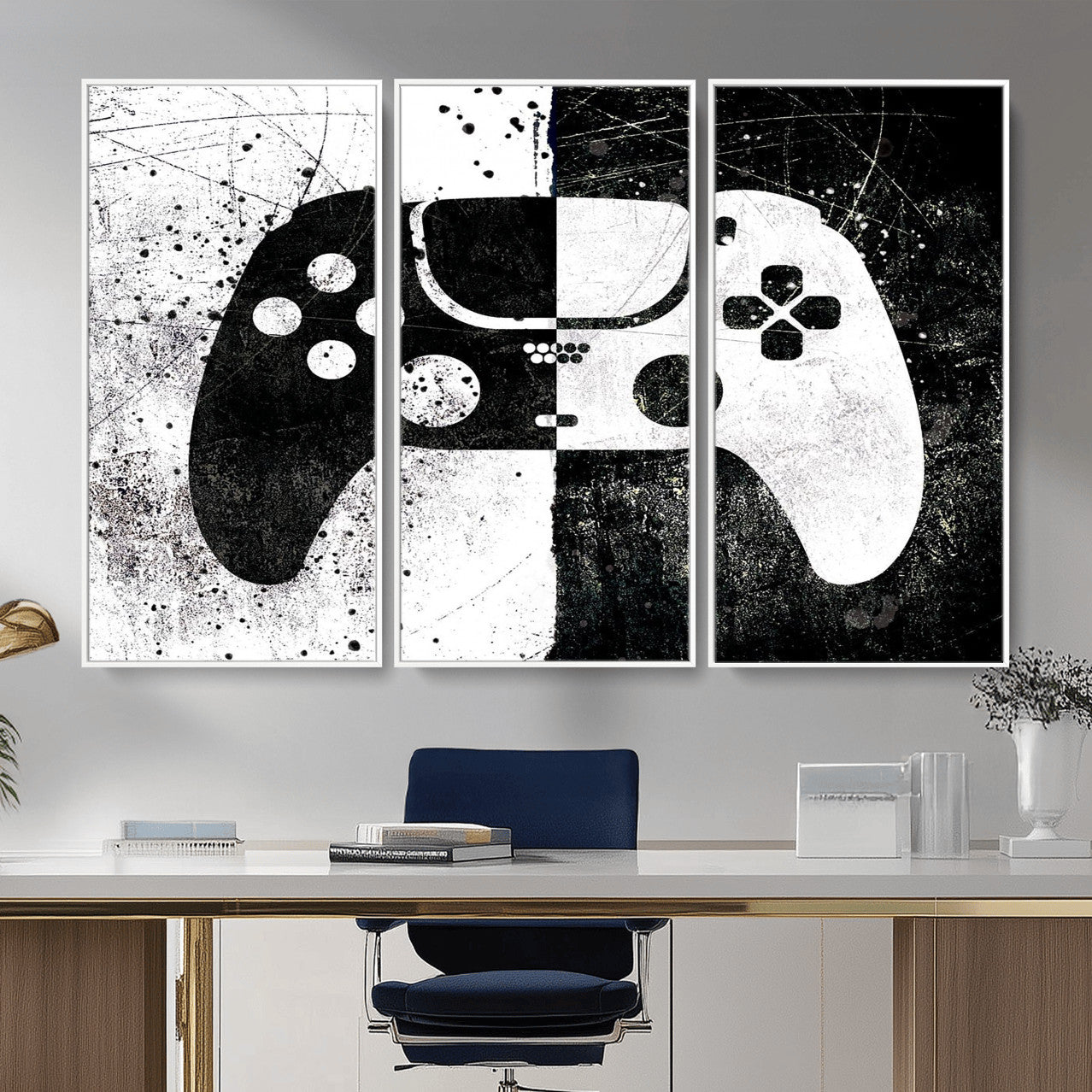 17525128-MGV-CV-36X24 - Abstract Gaming Controller Wall Art Canvas Print, Black White Video Game Controller Modern Canvas Print, Minimal Gamer Graphic Art Printing
