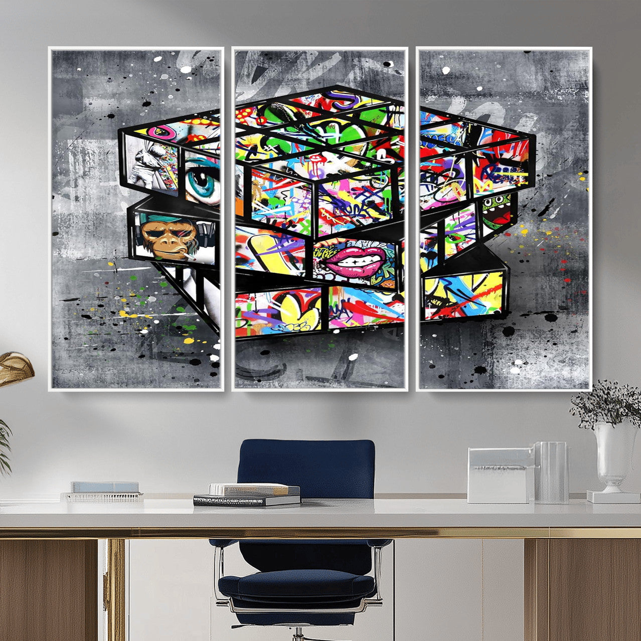 46789556-MGV-CV-36X24 - Graffiti Cube Abstract Street Art Wall Art Canvas Print, Colorful Urban Pop Art Geometric Canvas Print, Modern Street Art Contemporary Art Printing
