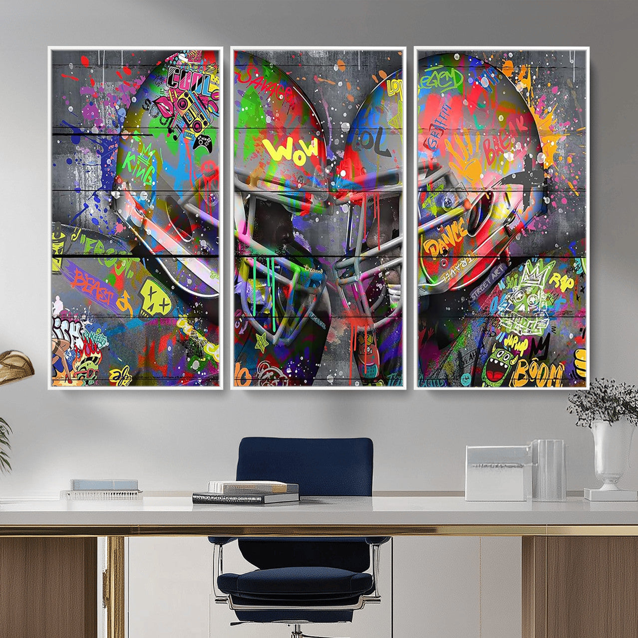 15309853-MGV-CV-36X24 - Graffiti Football Helmets Wall Art Canvas Print, Urban Street Art Sports Decor, Colorful American Football Graffiti Artwork
