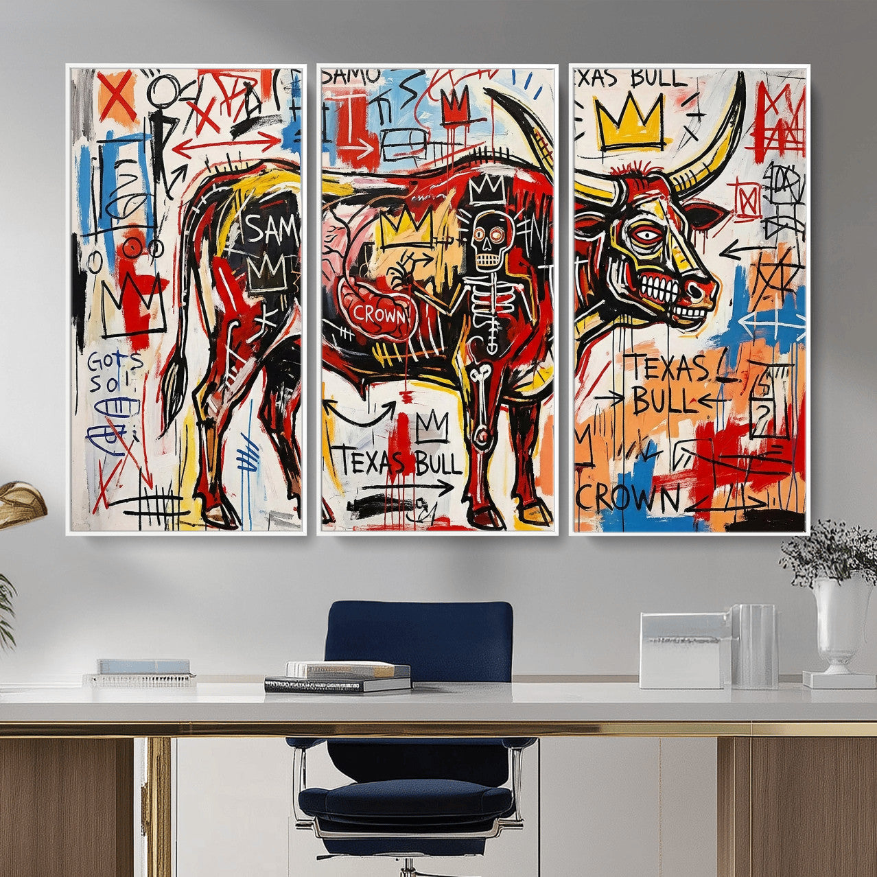 89504579-MGV-CV-36X24 - TITLE: Texas Bull Wall Art Canvas Print, Abstract Graffiti Bull Painting, Western Animal Art, Modern Ranch Decor