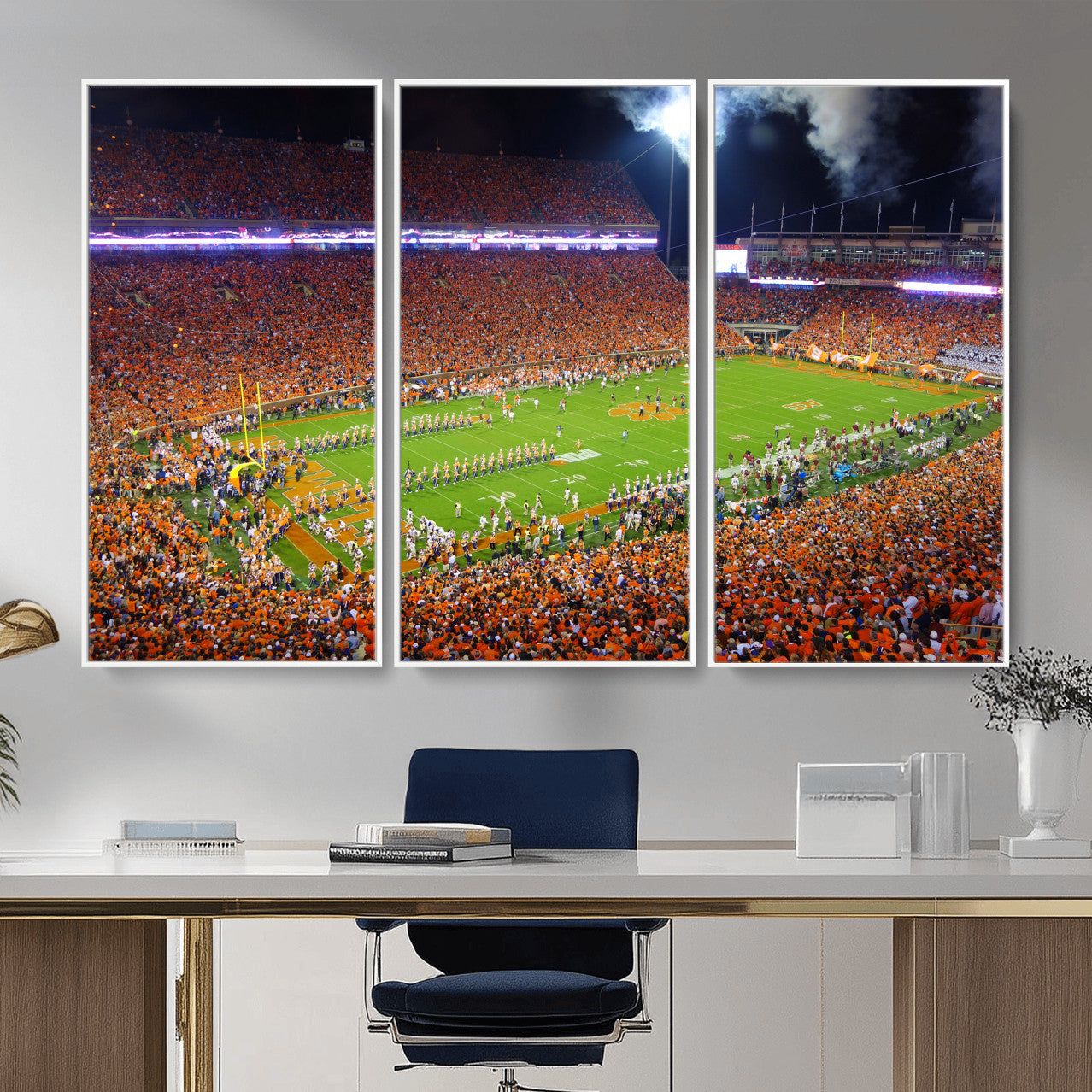 43662631-MGV-CV-36X24 - Clemson Football Stadium Wall Art Canvas Print, College Football Crowd Night Game Scene, Orange Stadium Panorama Wall Decor