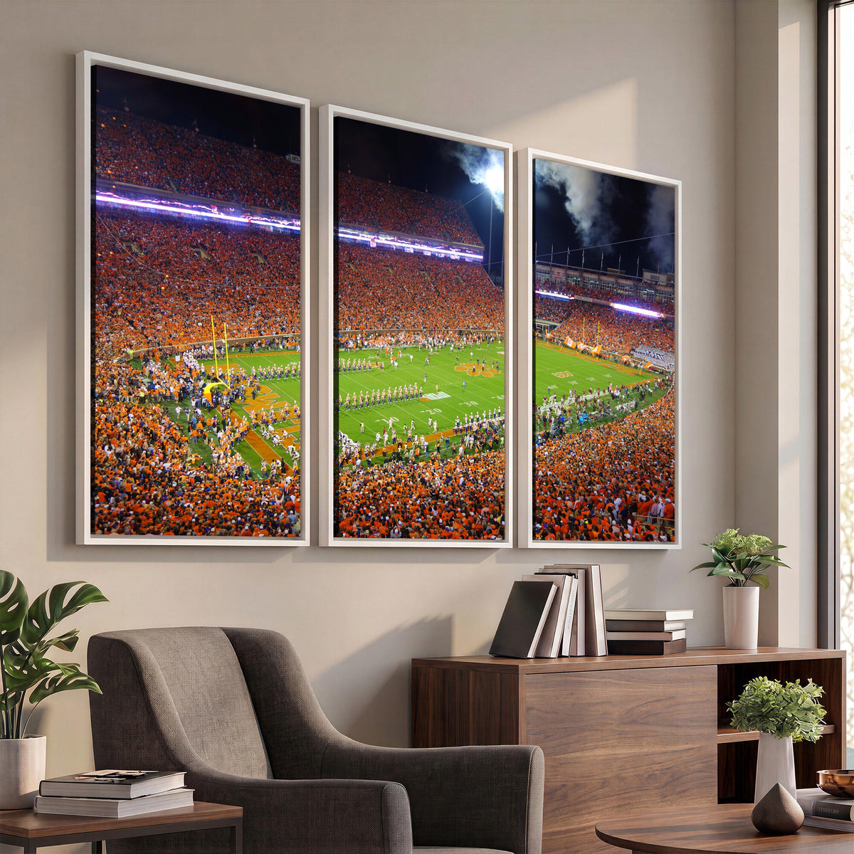 43662631-MGV-CV-36X24 - Clemson Football Stadium Wall Art Canvas Print, College Football Crowd Night Game Scene, Orange Stadium Panorama Wall Decor