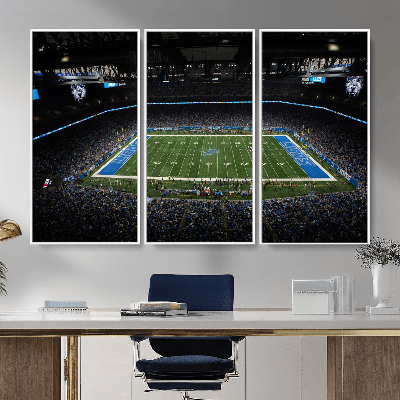 16709602-MGV-CV-36X24 - Detroit Lions Stadium Wall Art Canvas Print, Football Field Panorama Artwork, NFL Game Night Stadium Decor