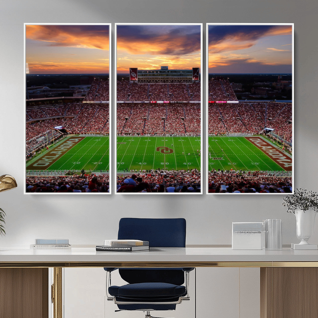 51457497-MGV-CV-36X24 - Oklahoma Sooners Stadium Wall Art Canvas Print, College Football Sunset Game Scene, OU Football Field Panorama Wall Decor