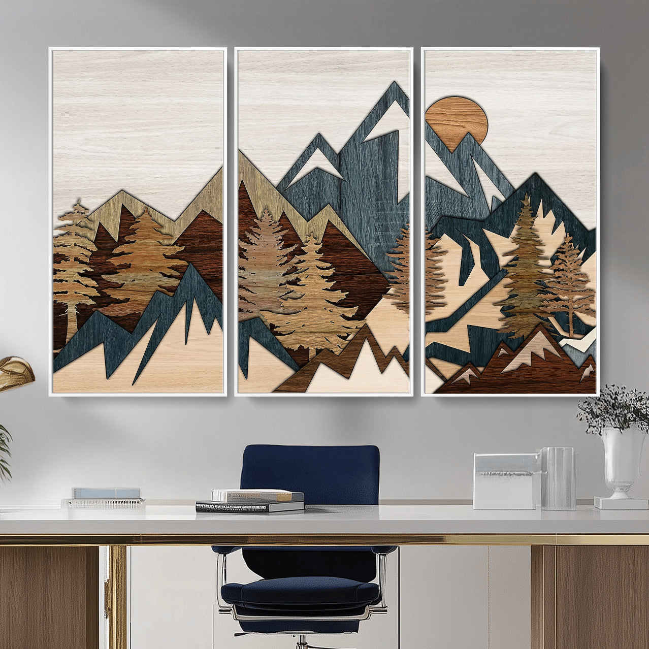 61833055-MGV-CV-36X24 - Mountain Forest Wall Art Canvas Print, Layered Wood Landscape Artwork, Rustic Nature Wall Decor for Living Room
