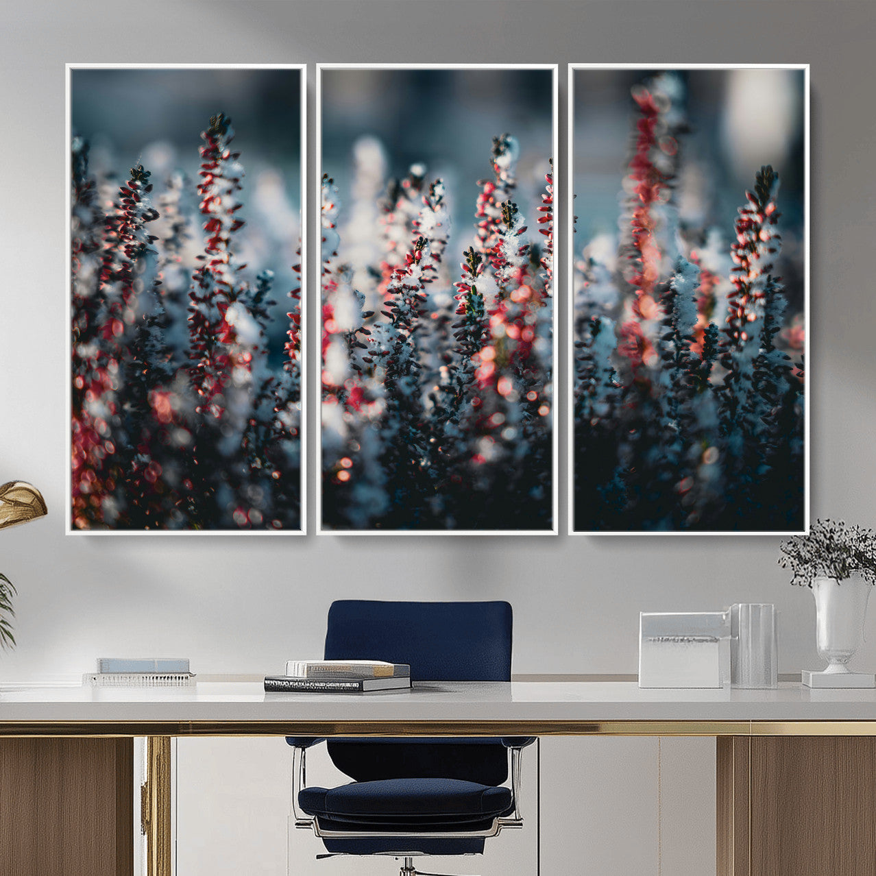 82063935-MGV-CV-36X24 - Winter Heather Wall Art Canvas Print, Frosted Floral Nature Art, Moody Botanical Wall Decor